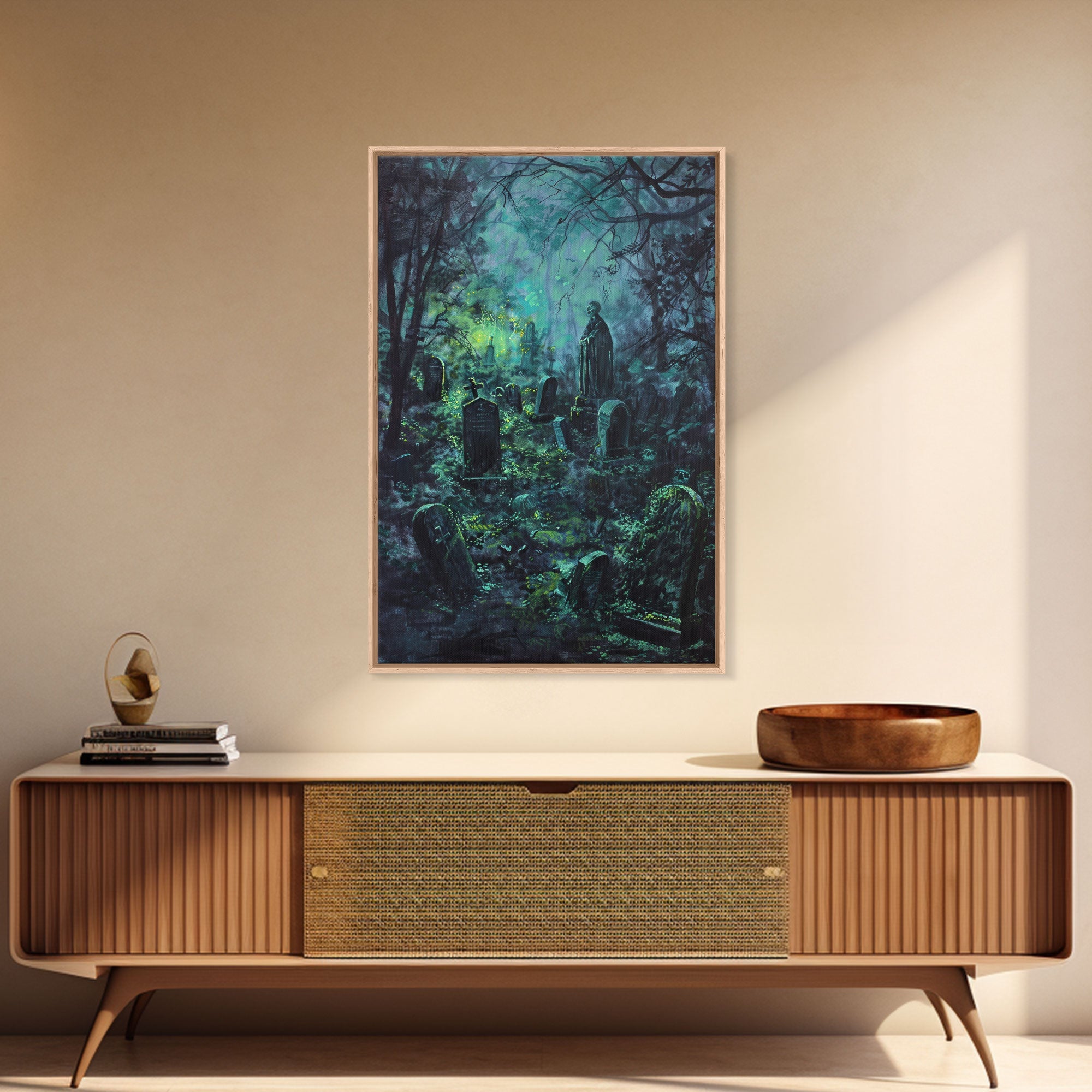 Spooky Cemetery with Glowing Lights Framed Canvas Print, Wall Art, Halloween Graveyard Art, Eerie Home Decor, Haunted Forest Painting
