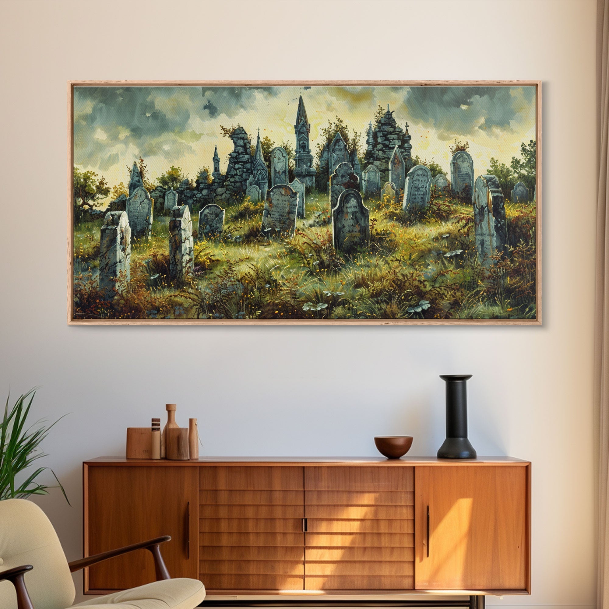 Haunted Cemetery Halloween Prop Framed Canvas Print | Spooky Season | Spooky Wall Art | Halloween Decor | Creepy Art Prints