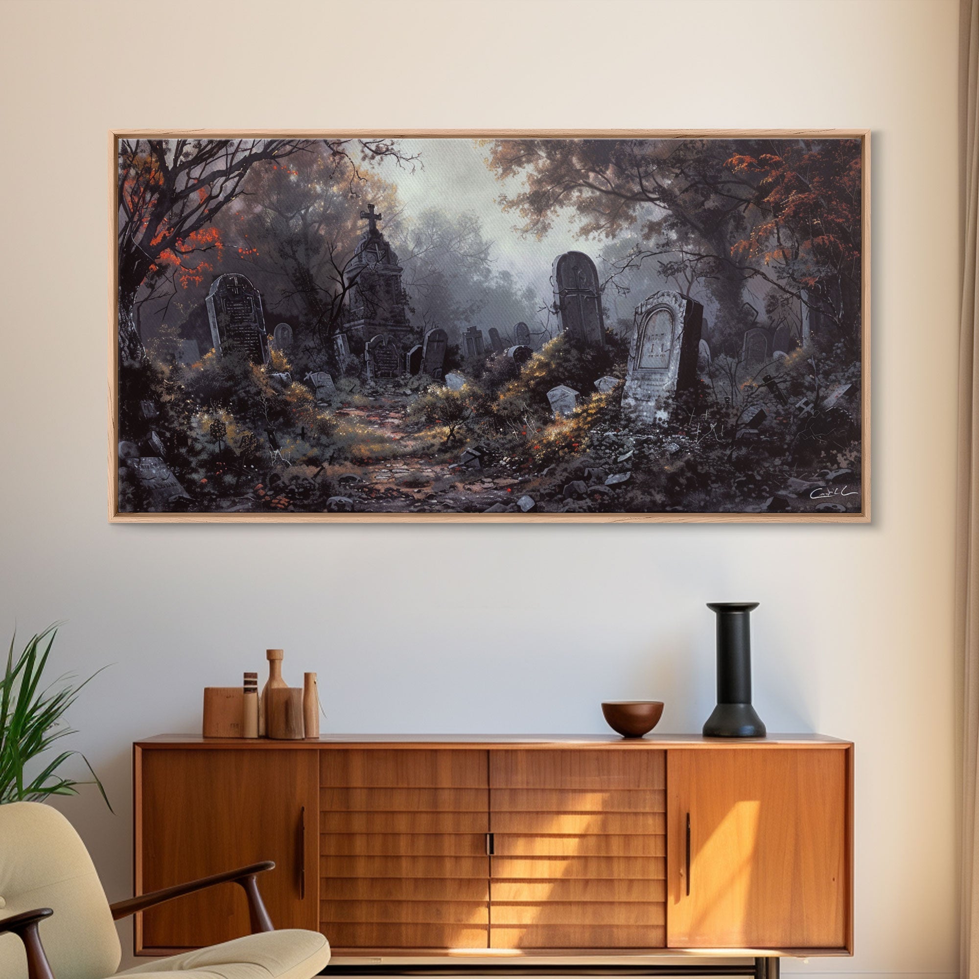 Haunted Cemetery Halloween Prop Framed Canvas Print | Spooky Season | Spooky Wall Art | Halloween Decor | Creepy Art Prints
