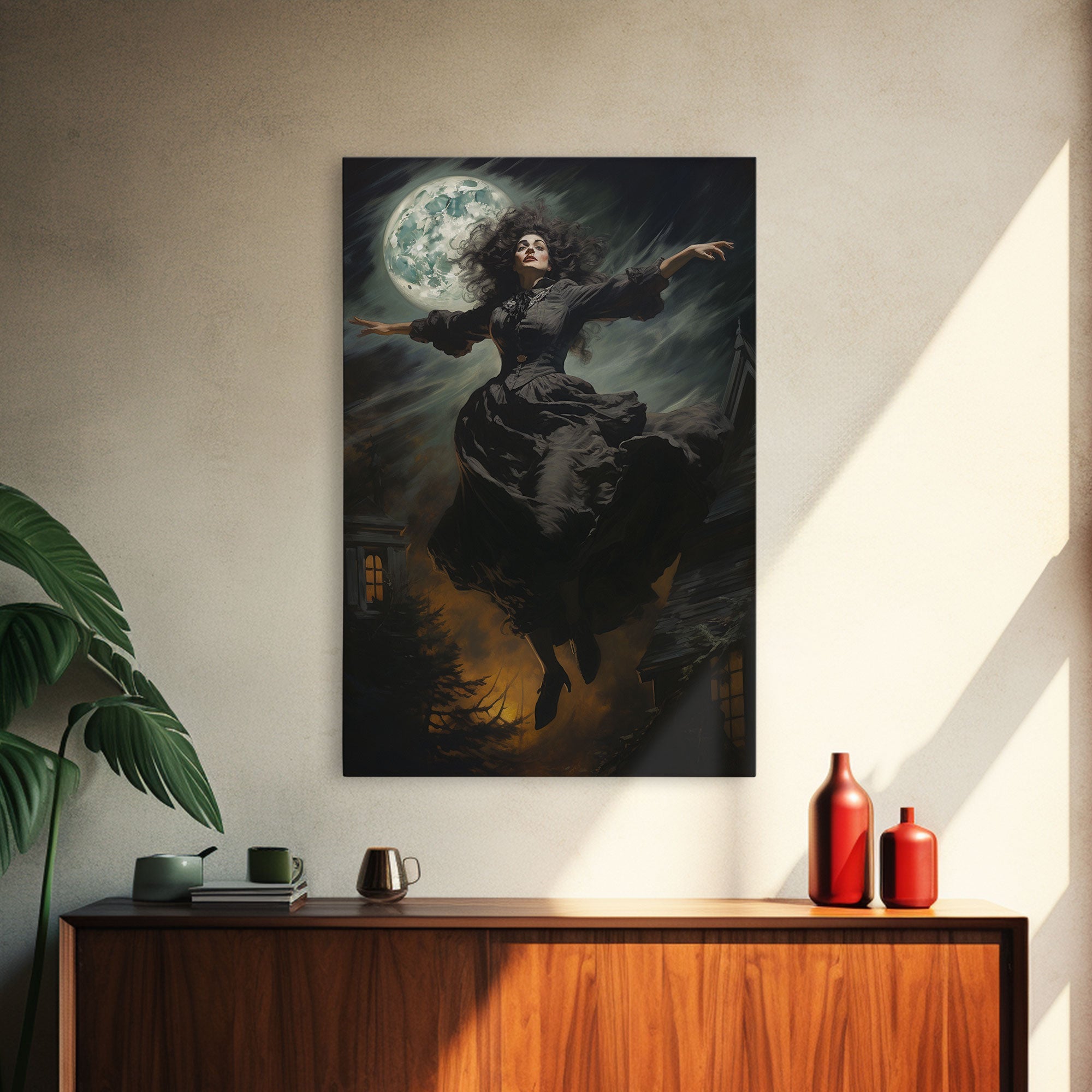 The Wicked Witch, Halloween Canvas, Framed Canvas Print, Spooky Gothic Oil Painting, Witch Flying Through The Air Against A Full Moon, Witch