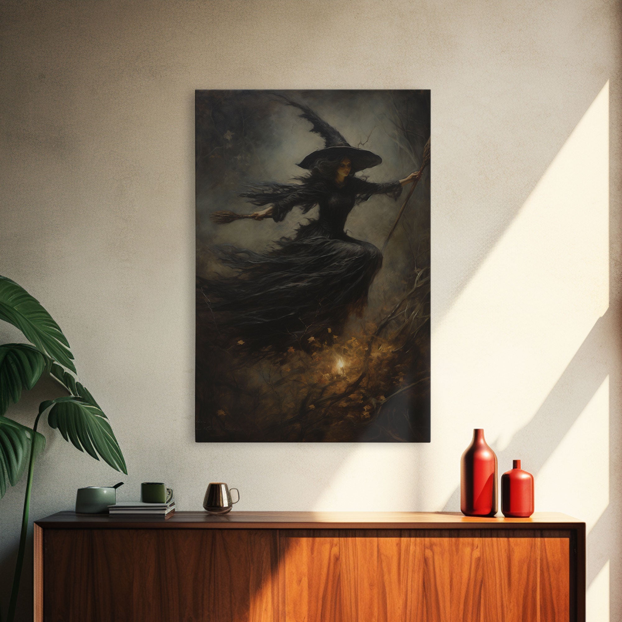Spooky Season Witch Decor, Witch Painting Framed Canvas Print, Halloween Art, Witch Art, Witchcraft, Witch Decor, Felt Witch Hat