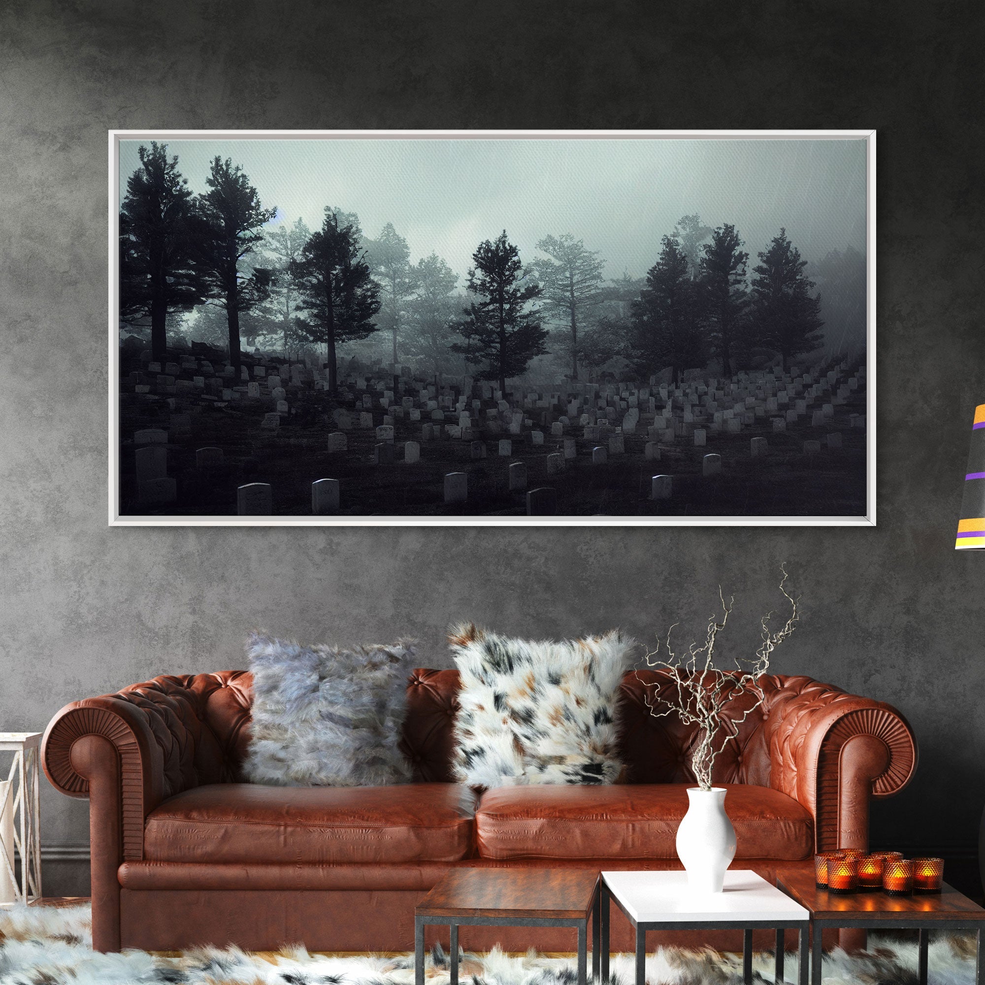 Creepy Haunted Cemetery, Spooky Halloween Art, Graveyard, ready to hang canvas print wall art, Black And White Art, Halloween Decor