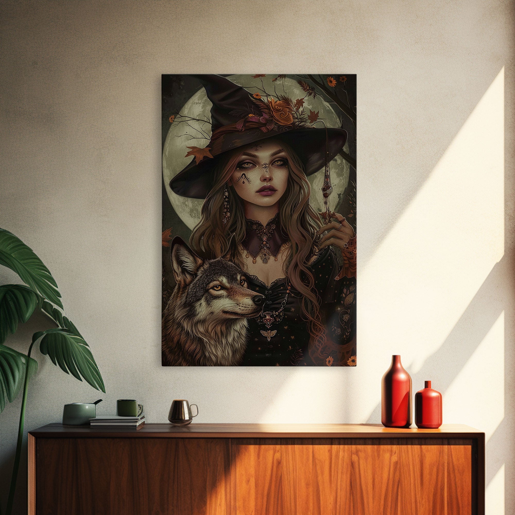 The Witch And The Wolf, Spooky Halloween Wall Art Framed Canvas Print, Spooky Season, Witch Painting, Halloween Decor and Art, Seasonal