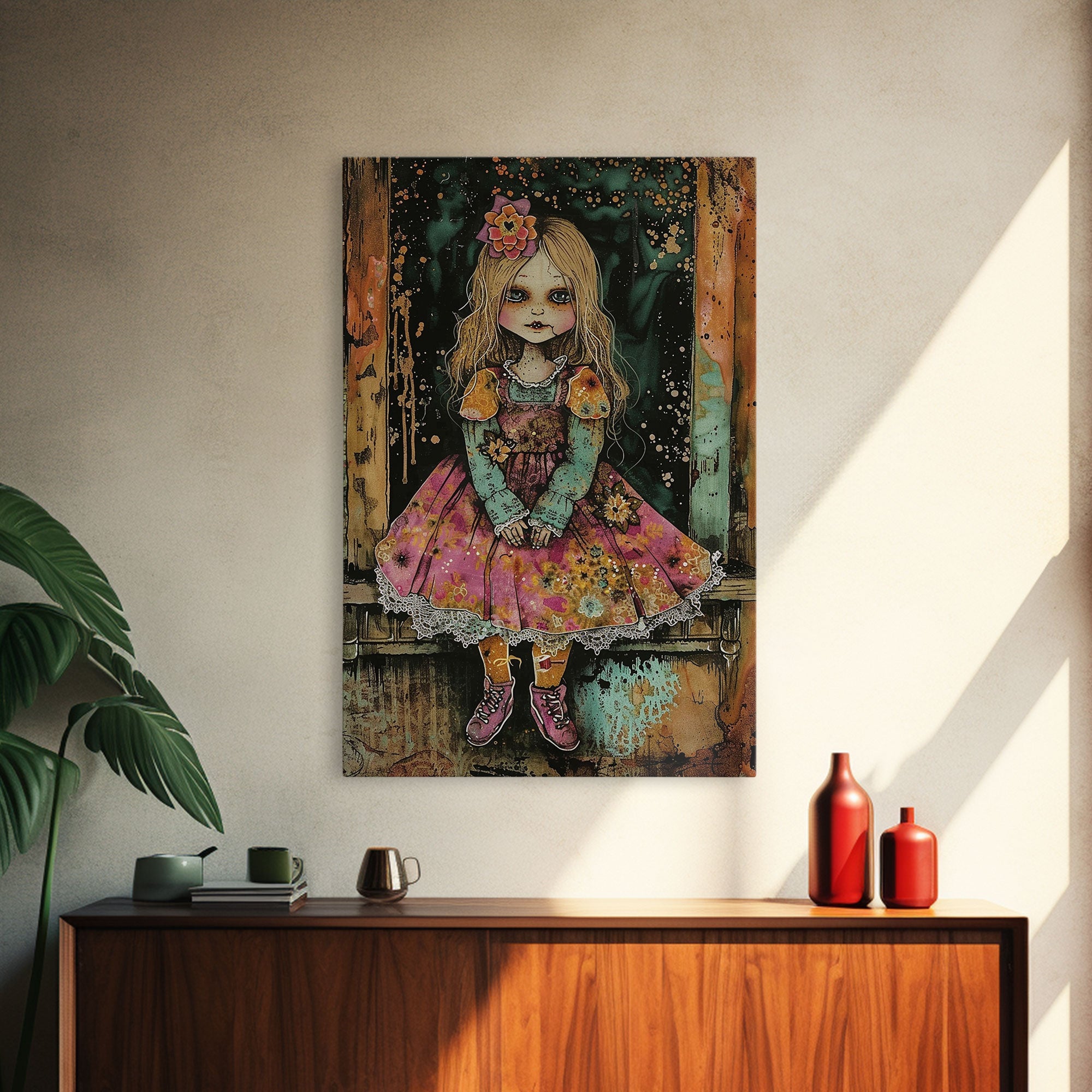 Halloween Witch in Forest Framed Canvas Print, Spooky Decor, Living Room Art, Whimsical Halloween Wall Art, Home Decoration, Retro Style Art