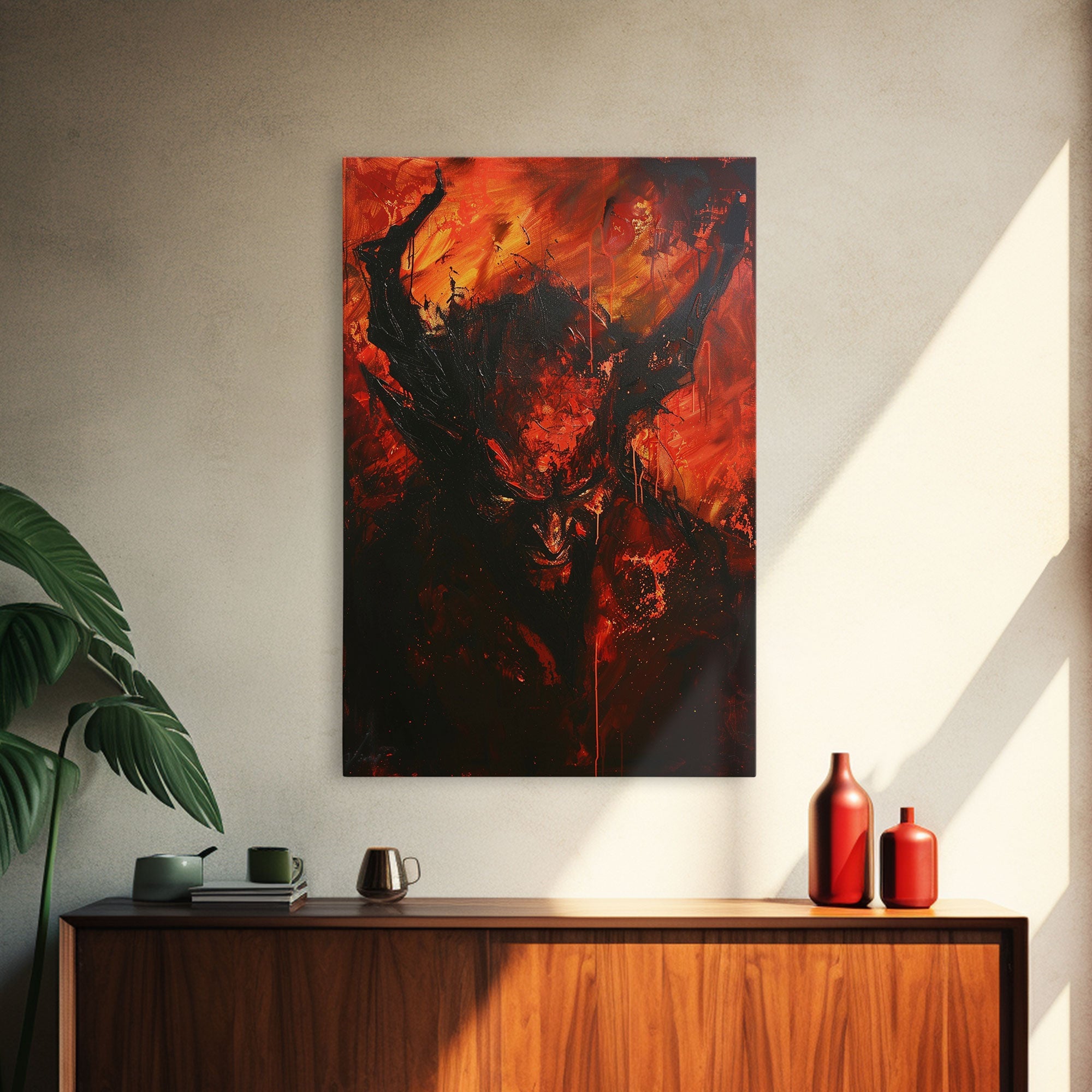 Halloween Eerie Goat with Spaghetti Framed Canvas Print, Wall Art, Living Room Decor, Halloween Decoration, Unique Art, Haunted Decor