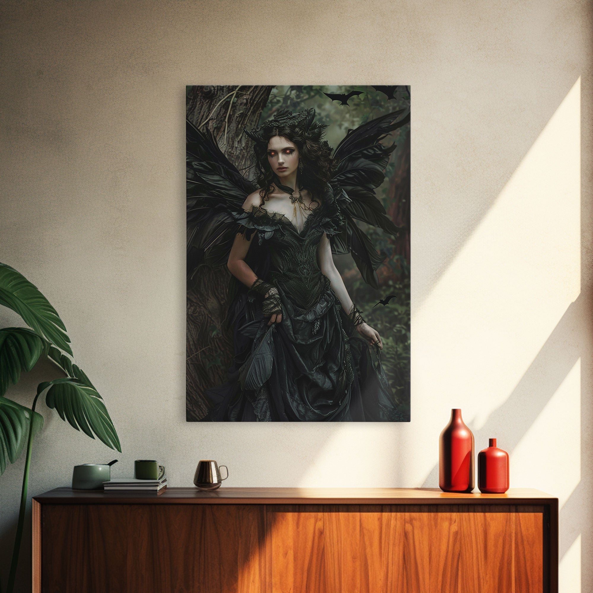 Dark Angel with Glowing Eyes in Haunted Forest - Mysterious Gothic Framed Canvas Print, Halloween Wall Art Decor