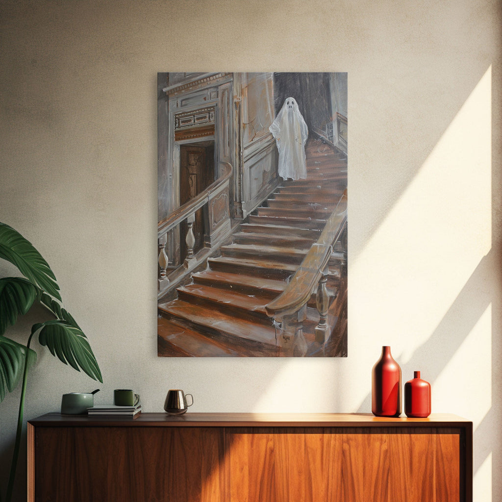 Ghost On Stairs Canvas Print - Halloween Art, Spooky Home Decor, Ghost Wall Art, Haunted House Decor, Halloween Decor, Framed Canvas Print