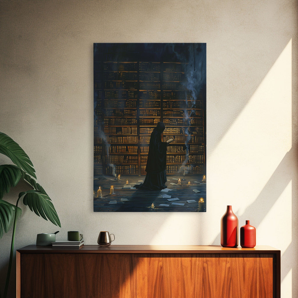 Hooded Figure in Library Halloween Art, Spooky Study, Haunted Library, Creepy Room, Gothic Reading, Framed Canvas Print