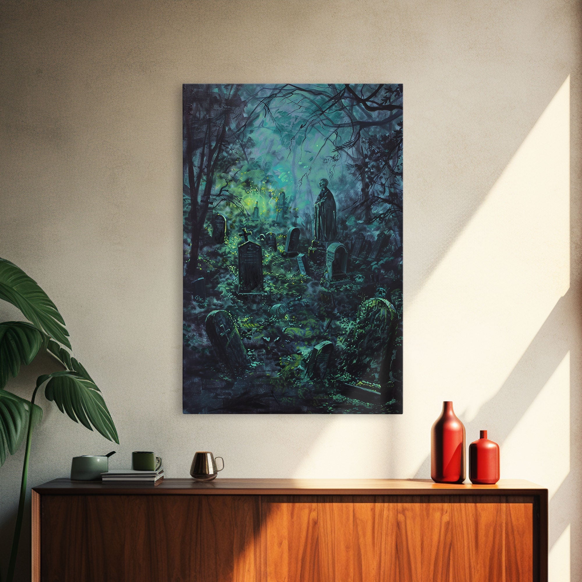 Spooky Cemetery with Glowing Lights Framed Canvas Print, Wall Art, Halloween Graveyard Art, Eerie Home Decor, Haunted Forest Painting