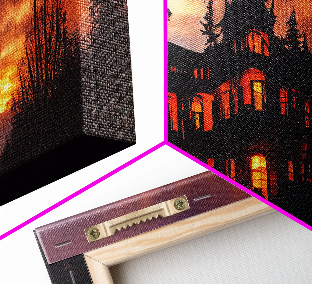 Spooky Halloween Wall Art, Haunted House Canvas Print, Ready to hang canvas, orange creepy house at night, Wall Decor