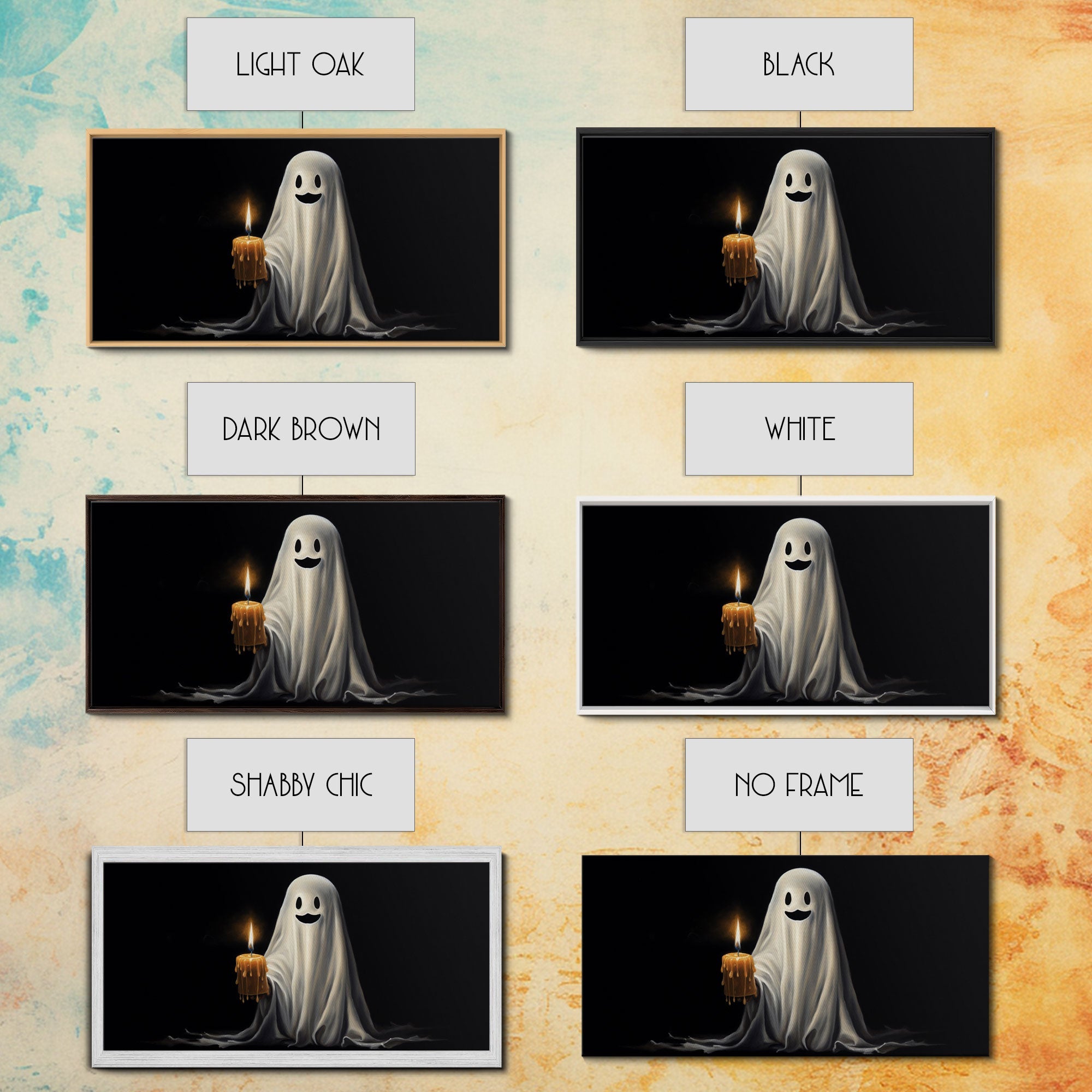 Silly Ghost Holding A Candle, Framed Canvas Print, Dark Academia Wall Art, Victorian Oil Painting Style Halloween Wall Art, Ghost Print