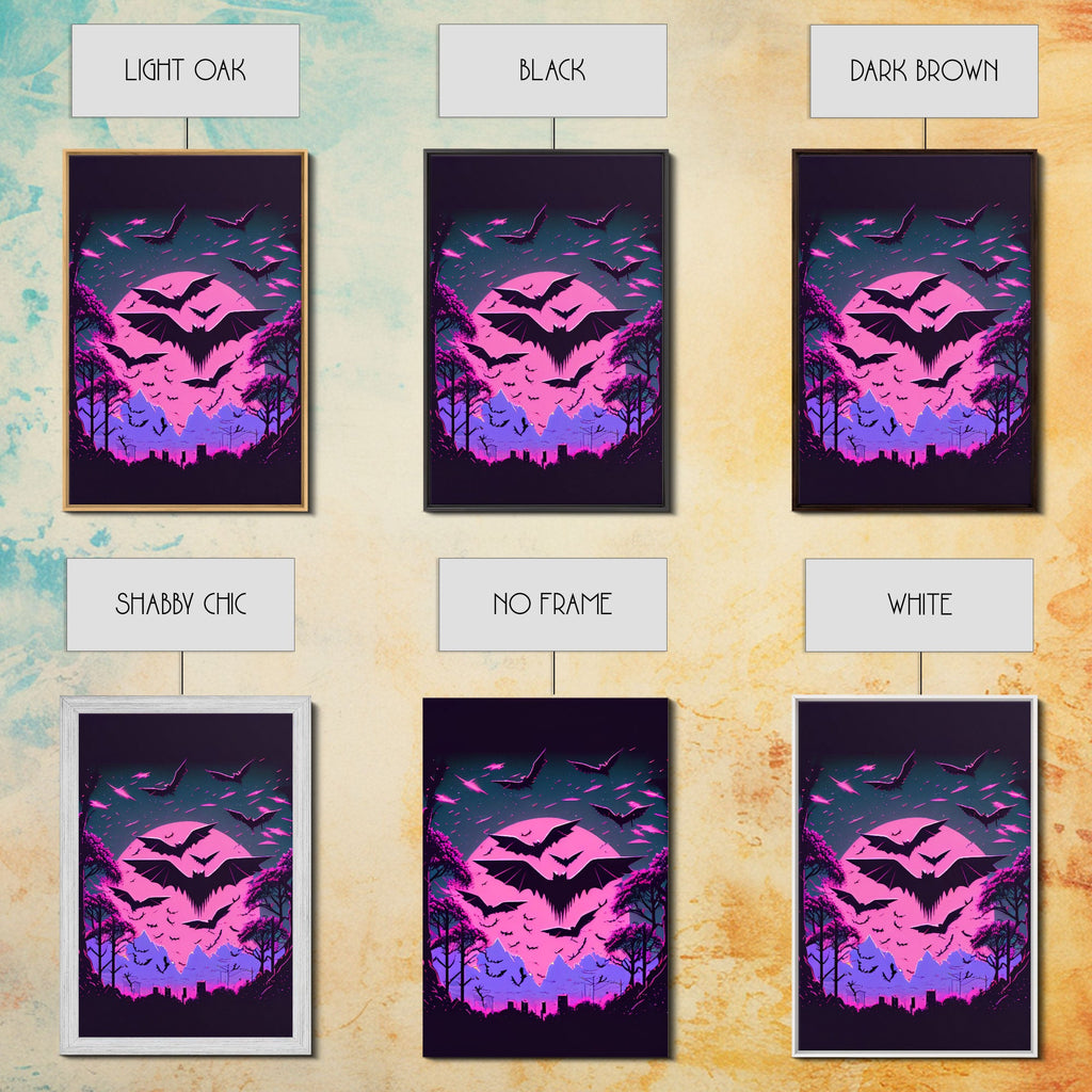 Vampire Bat Art, Horror, framed canvas print, bats in flight over a pink full moon, Halloween Decor, Halloween Wall Art