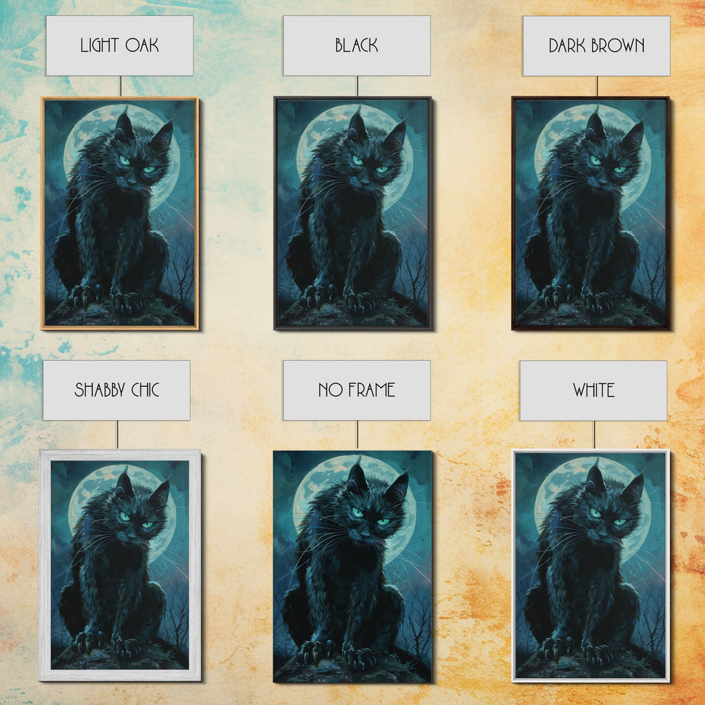 Black Cat with Piercing Eyes Against Full Moon | Halloween Wall Art | Spooky Home Decor | Creepy Black Cat Painting | Framed Canvas Print