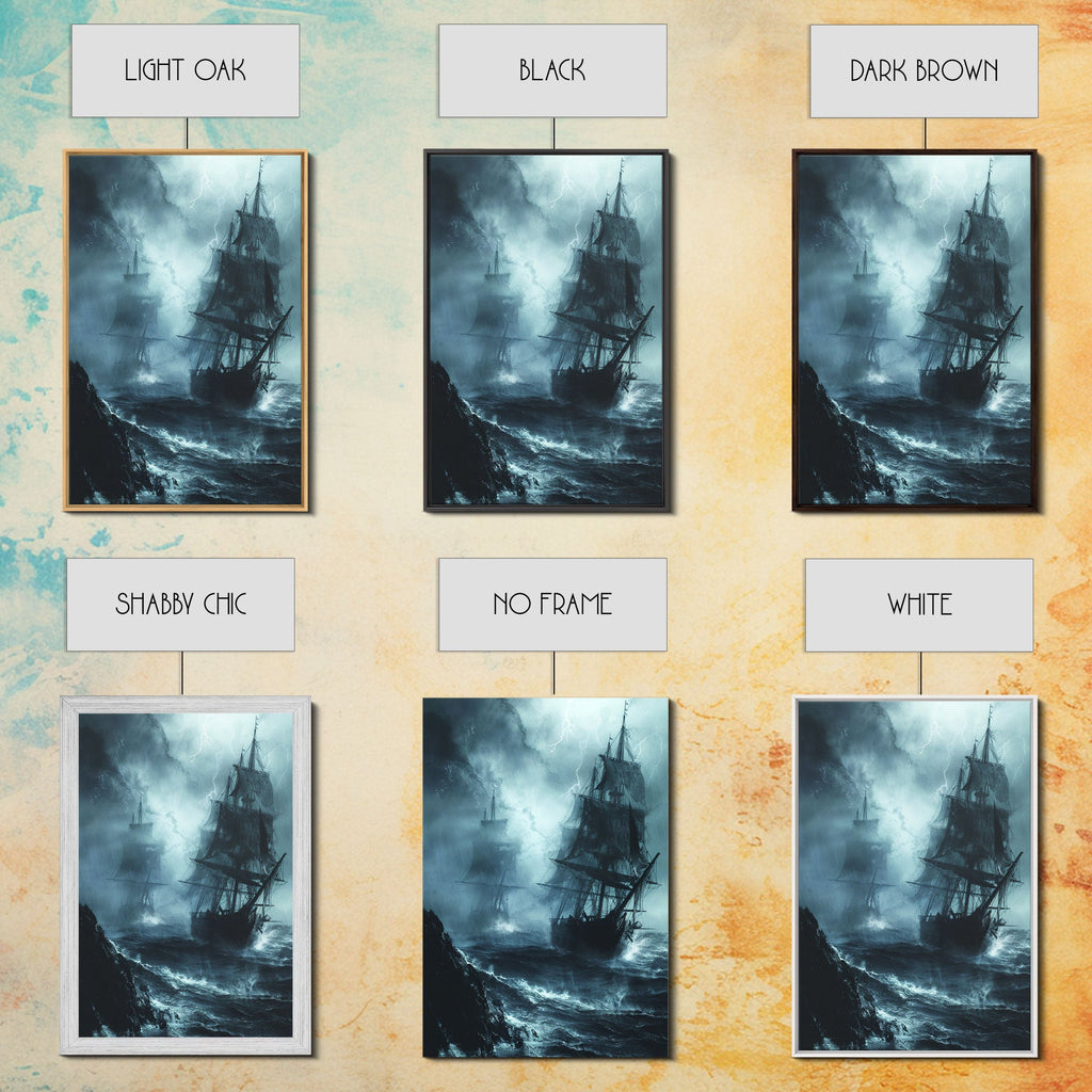 Ghost Ship in Storm Halloween Art, Spooky Maritime, Haunted Ocean, Creepy Seascape, Stormy Night, Framed Canvas Print