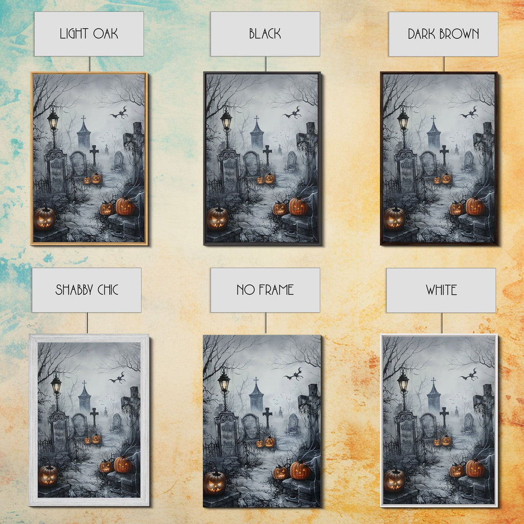 Eerie Graveyard with Pumpkins Framed Canvas Print, Halloween Wall Art, Spooky Cemetery, Home Decor, Gothic Artwork, Living Room Art, Creepy