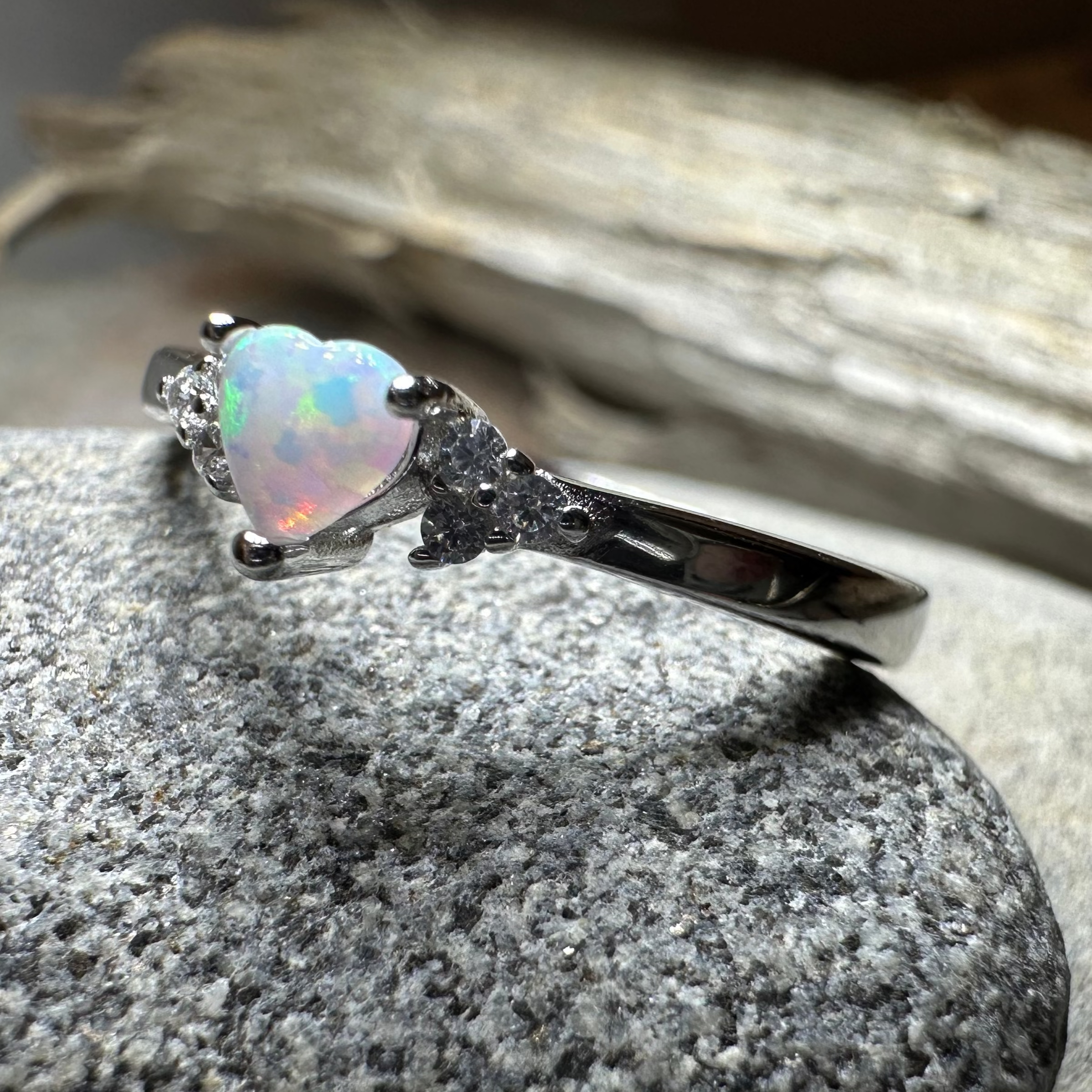 Petite Opal Heart Ring in Sterling Silver