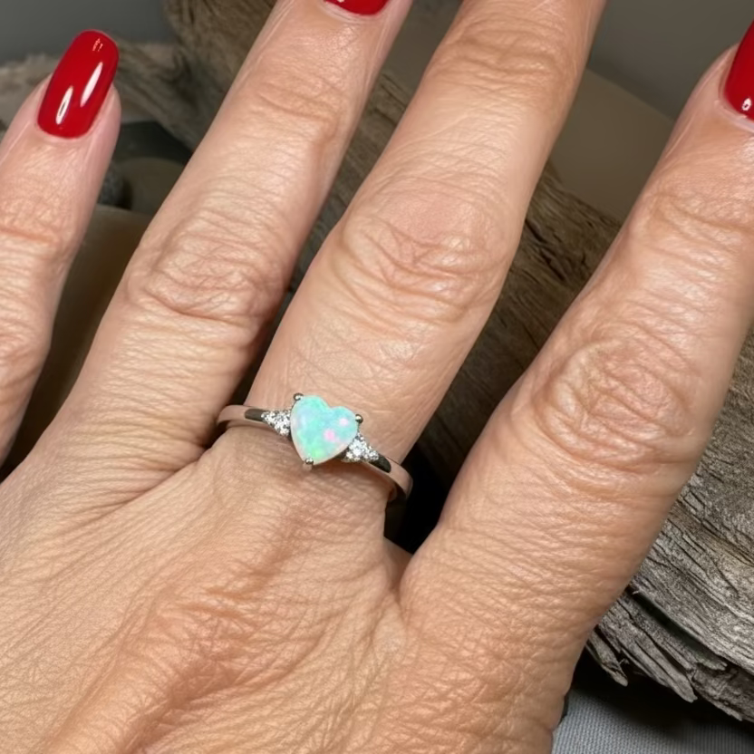 Petite Opal Heart Ring in Sterling Silver