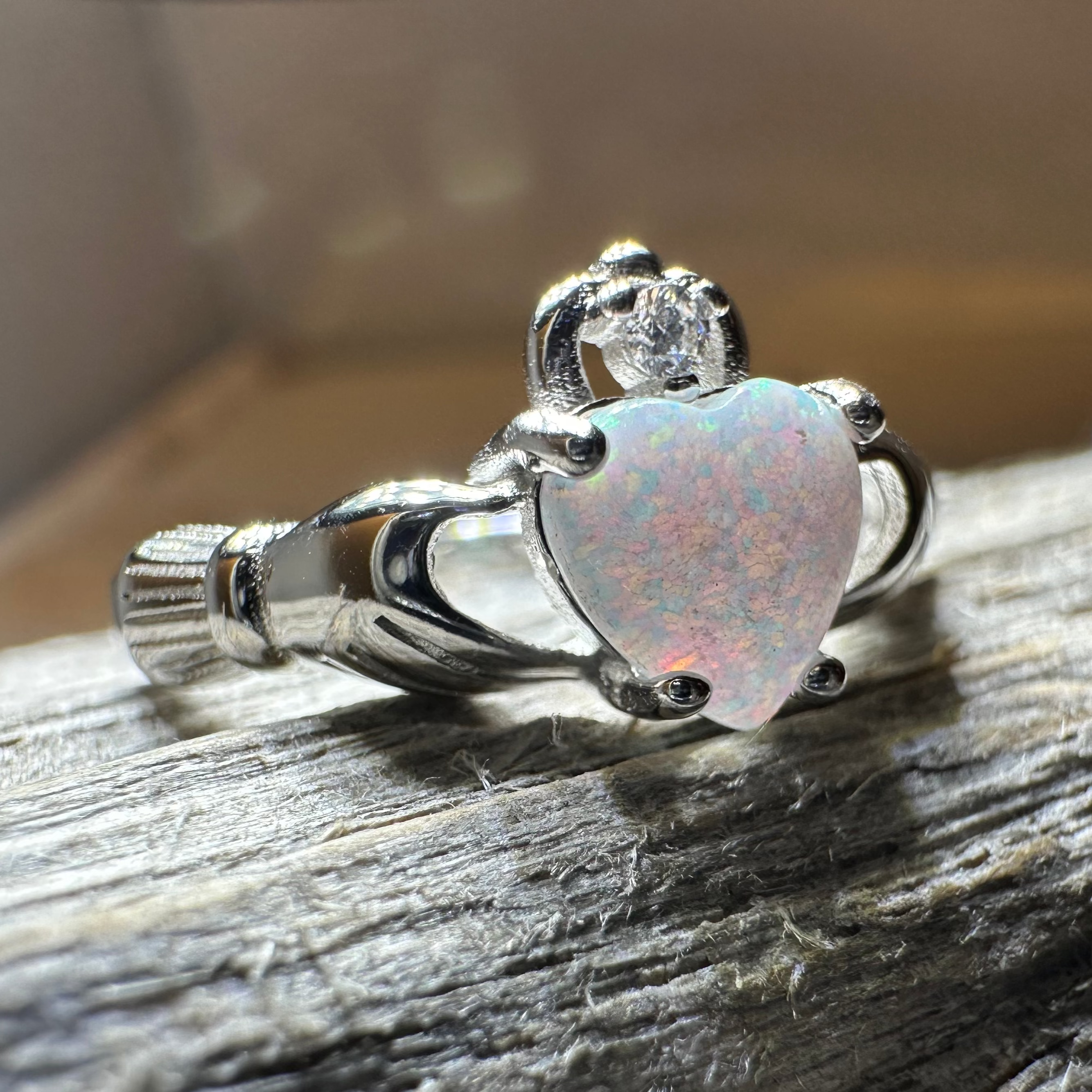 White Fire Opal Claddagh Ring