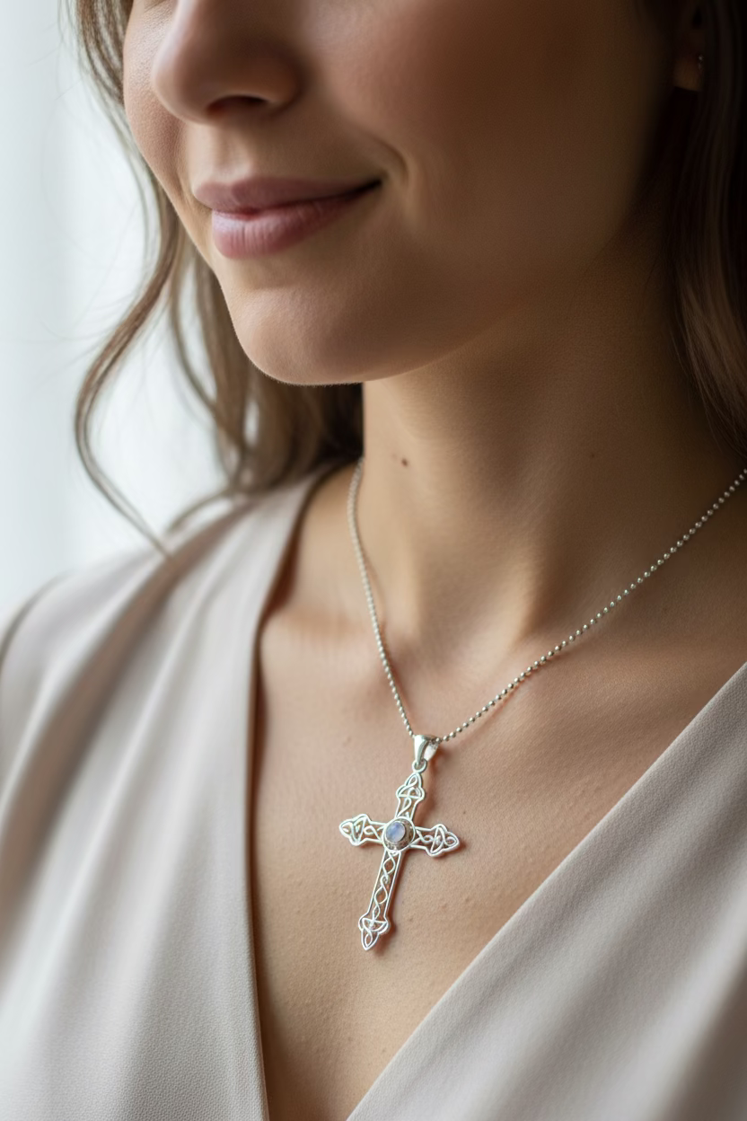 Gratitude Celtic Cross Moonstone Necklace