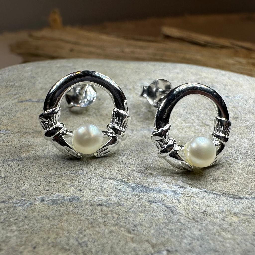 Straffan Claddagh Pearl Stud Earrings
