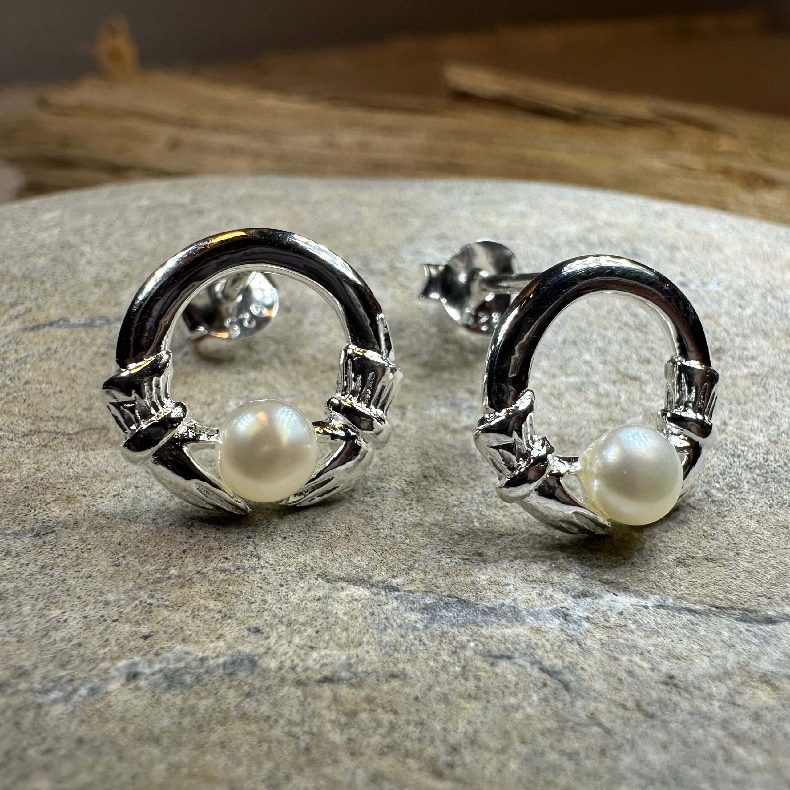 Straffan Claddagh Pearl Stud Earrings