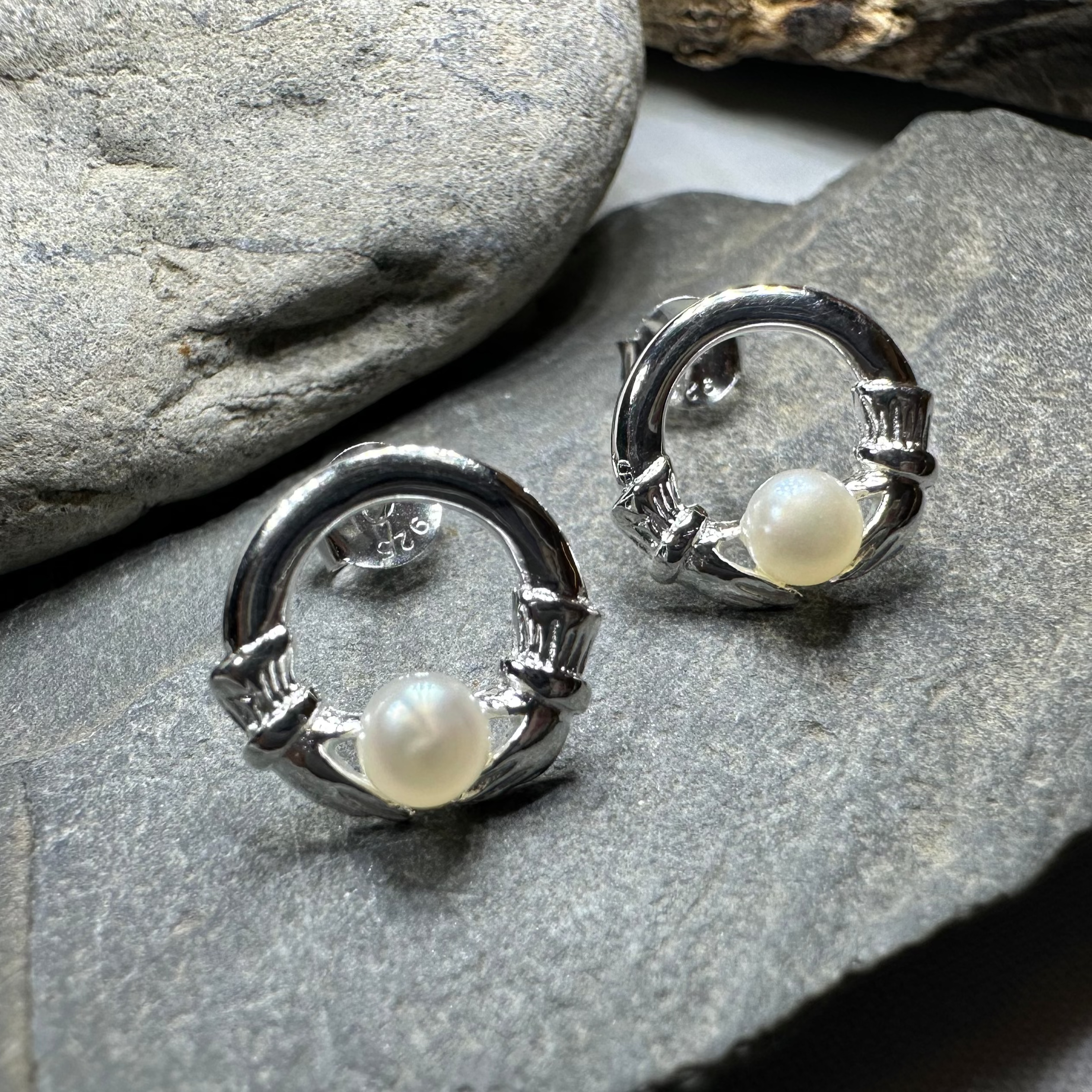Straffan Claddagh Pearl Stud Earrings