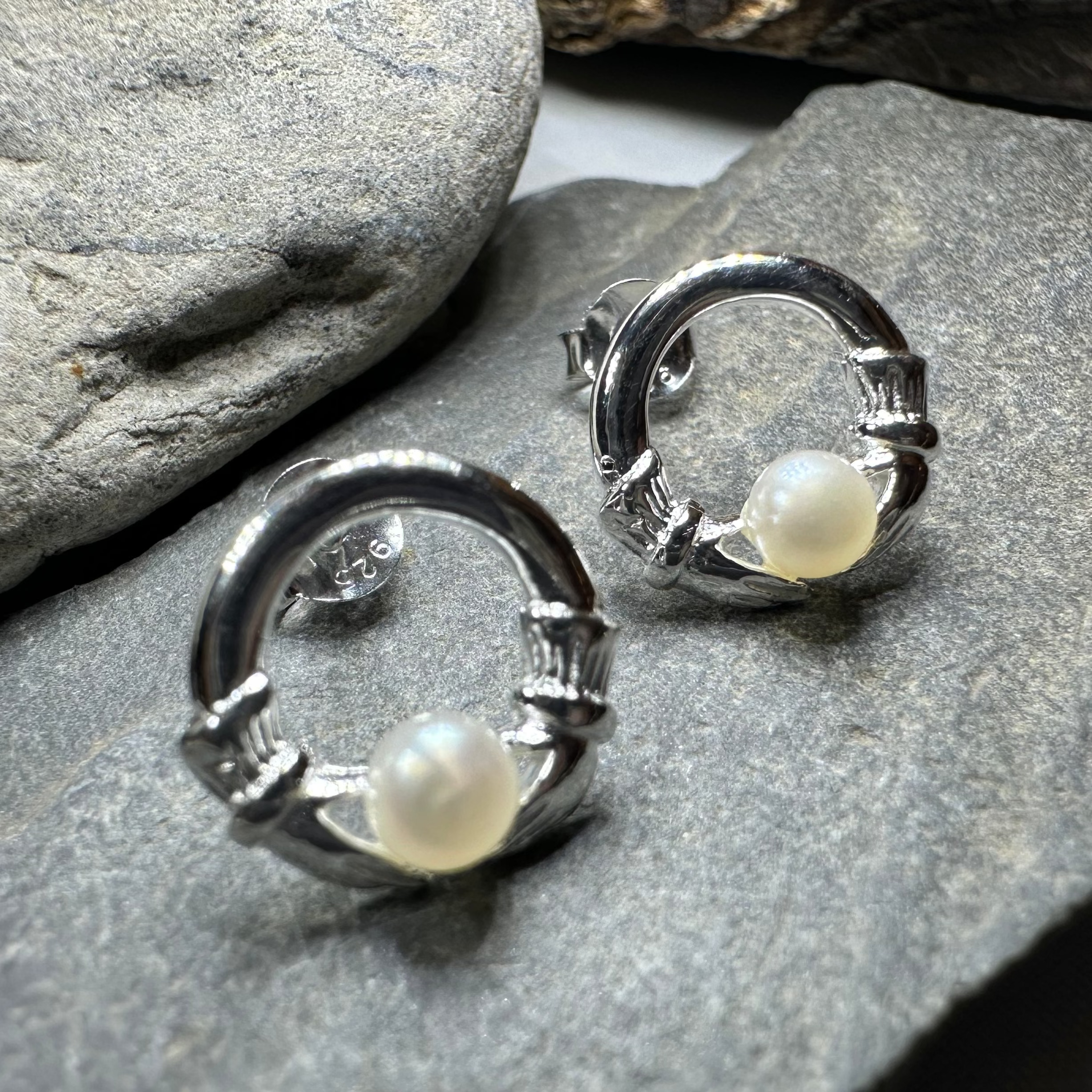 Straffan Claddagh Pearl Stud Earrings