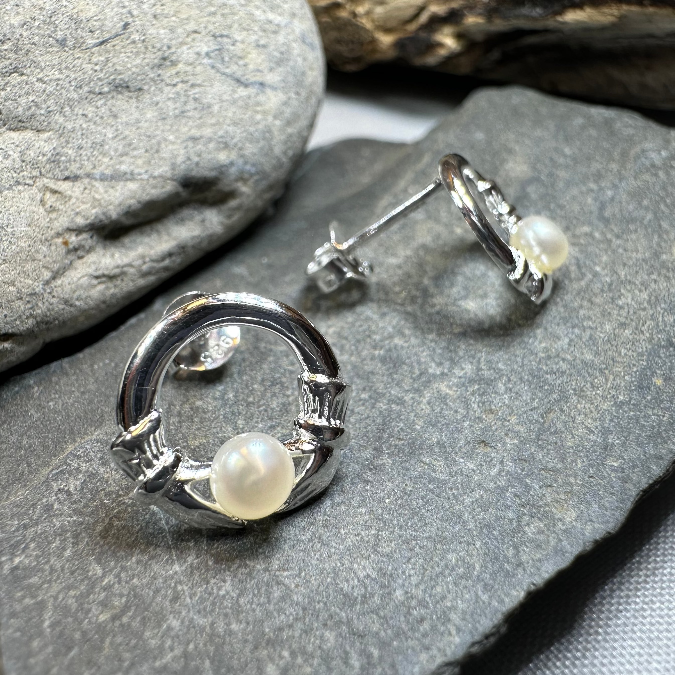 Straffan Claddagh Pearl Stud Earrings