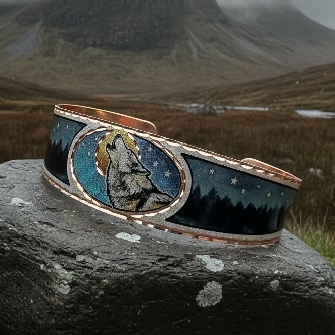 Starry Night Wolf Copper Cuff Bracelet