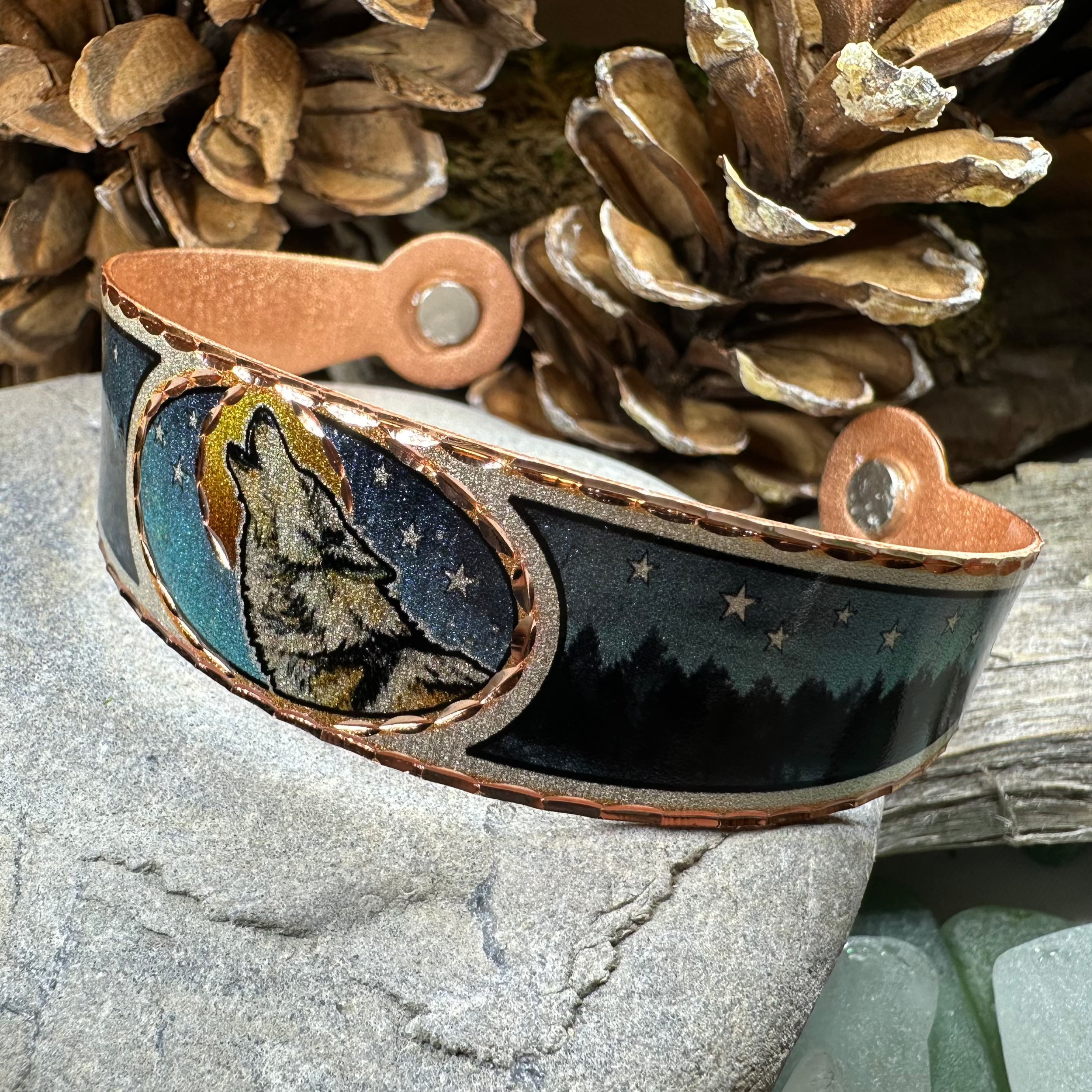 Starry Night Wolf Copper Cuff Bracelet