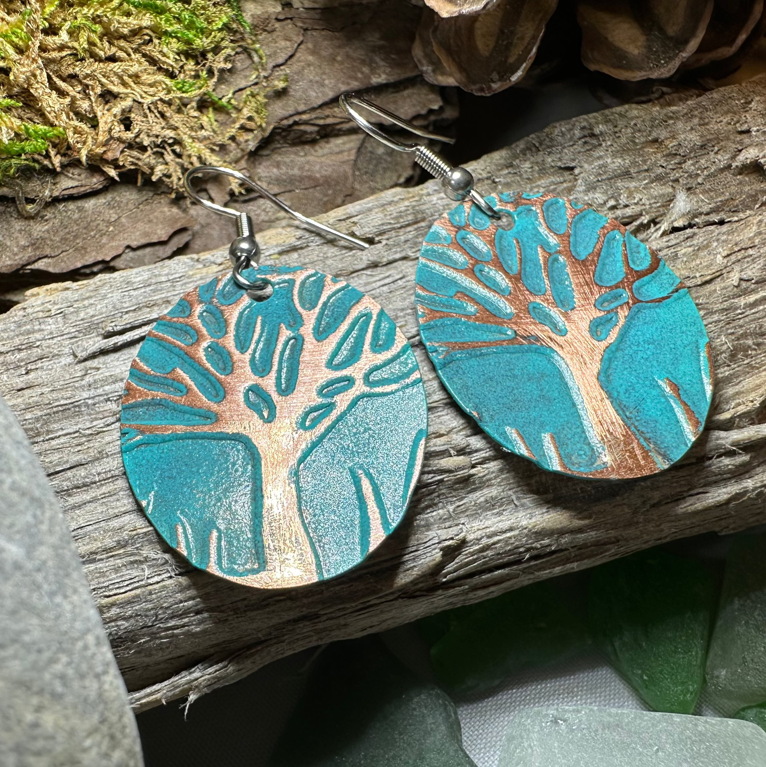 Green Oak Tree of Life Copper Earrings