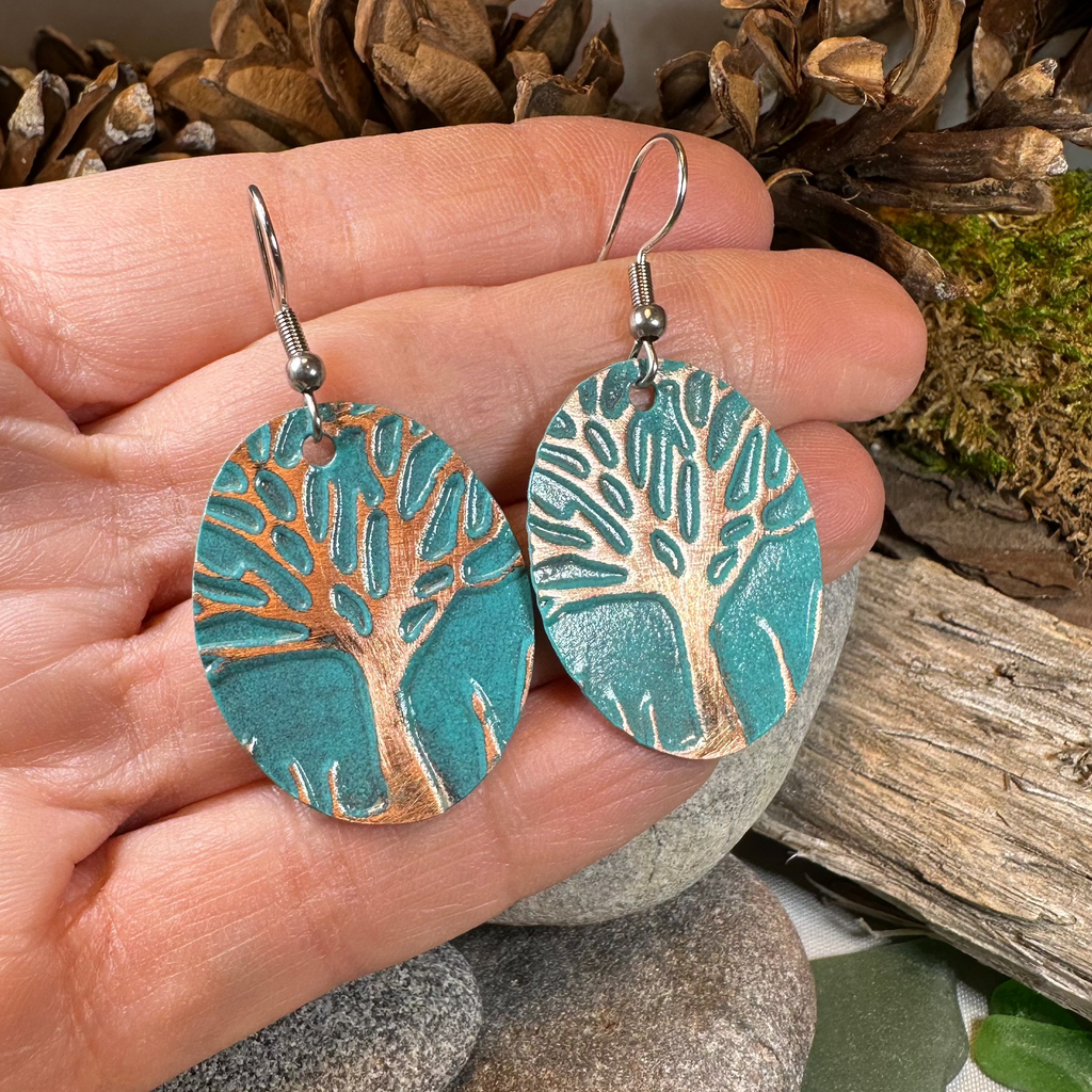 Green Oak Tree of Life Copper Earrings