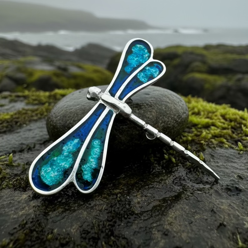 Blue Enamel Dragonfly Brooch for Women