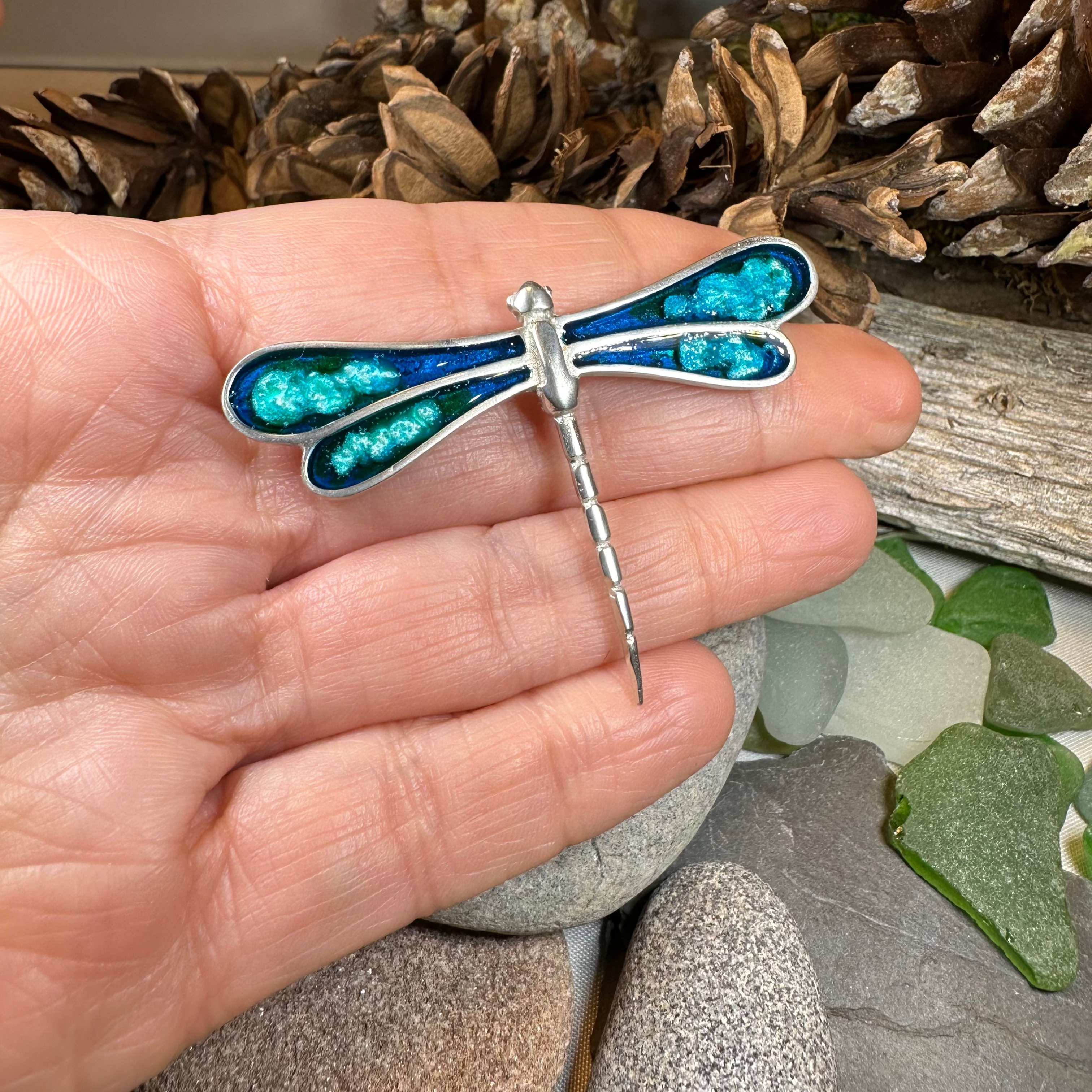 Blue Enamel Dragonfly Brooch for Women