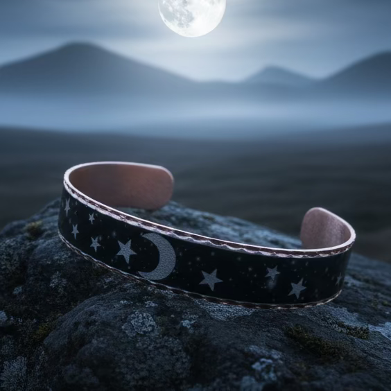 Midnight Moon & Stars Copper Cuff Bracelet