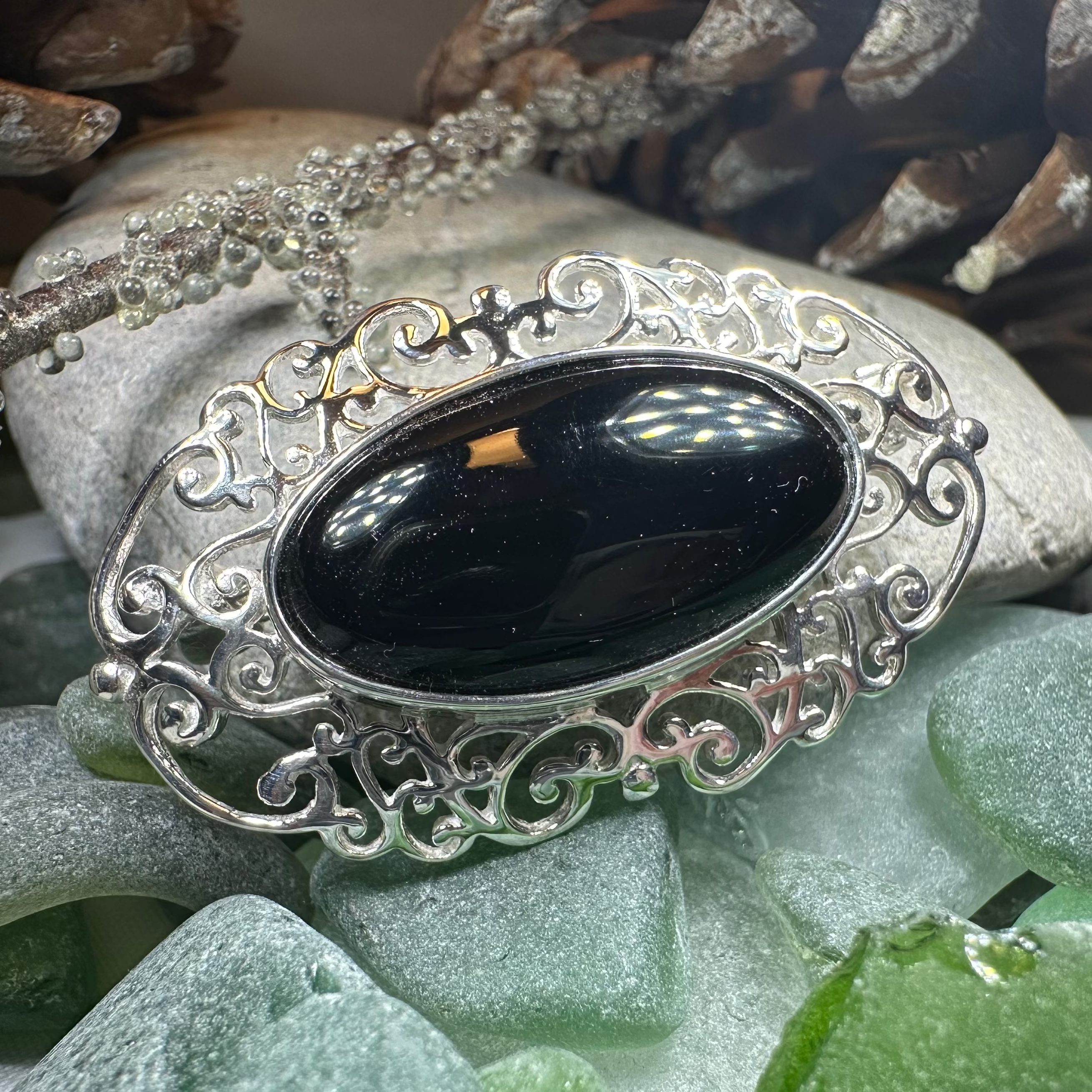 Eternal Celtic Onyx Brooch in Sterling Silver