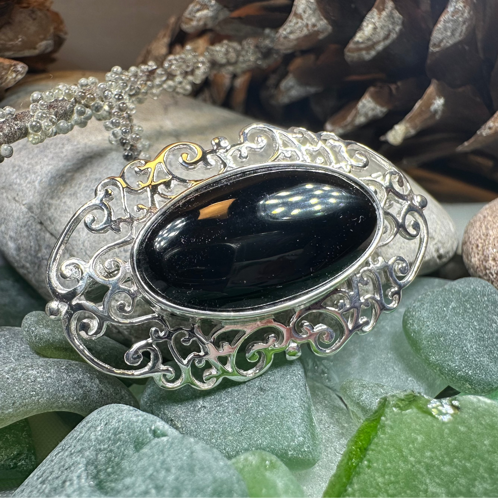 Eternal Celtic Onyx Brooch in Sterling Silver