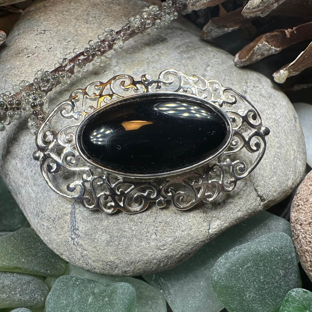 Eternal Celtic Onyx Brooch in Sterling Silver