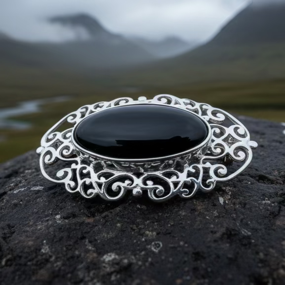 Eternal Celtic Onyx Brooch in Sterling Silver