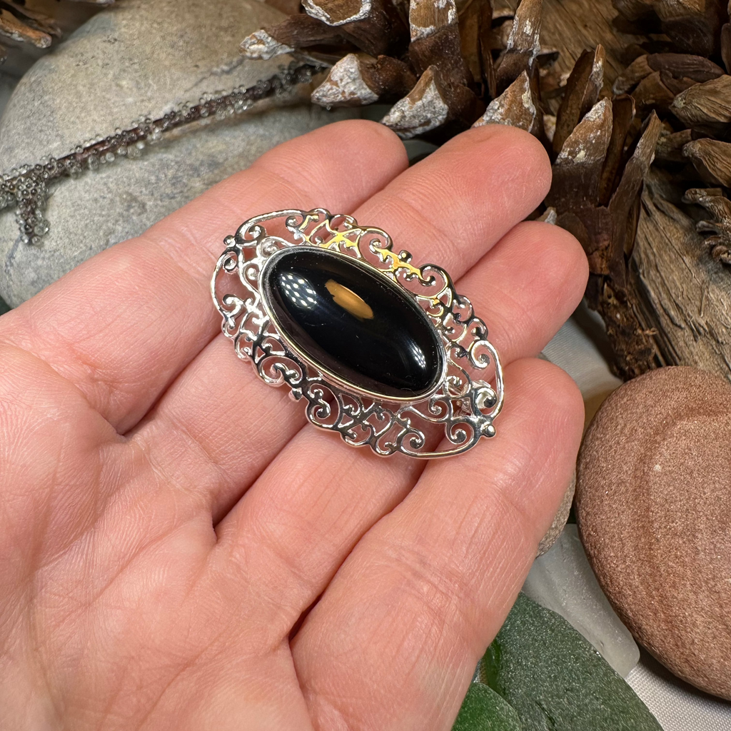 Eternal Celtic Onyx Brooch in Sterling Silver