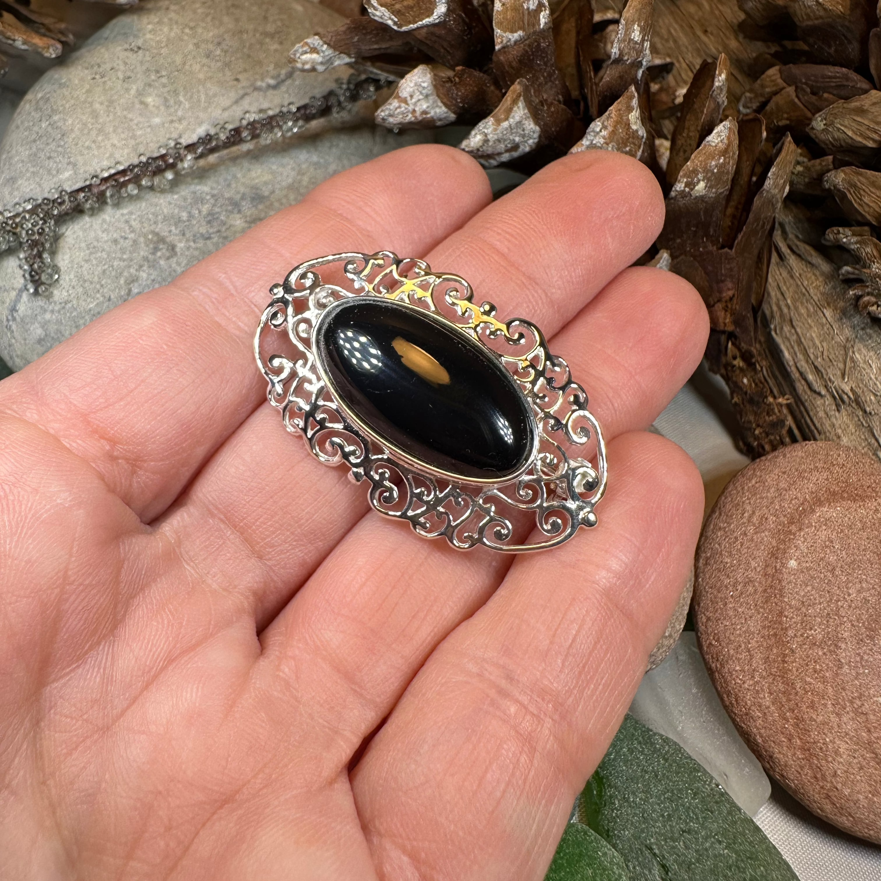 Eternal Celtic Onyx Brooch in Sterling Silver