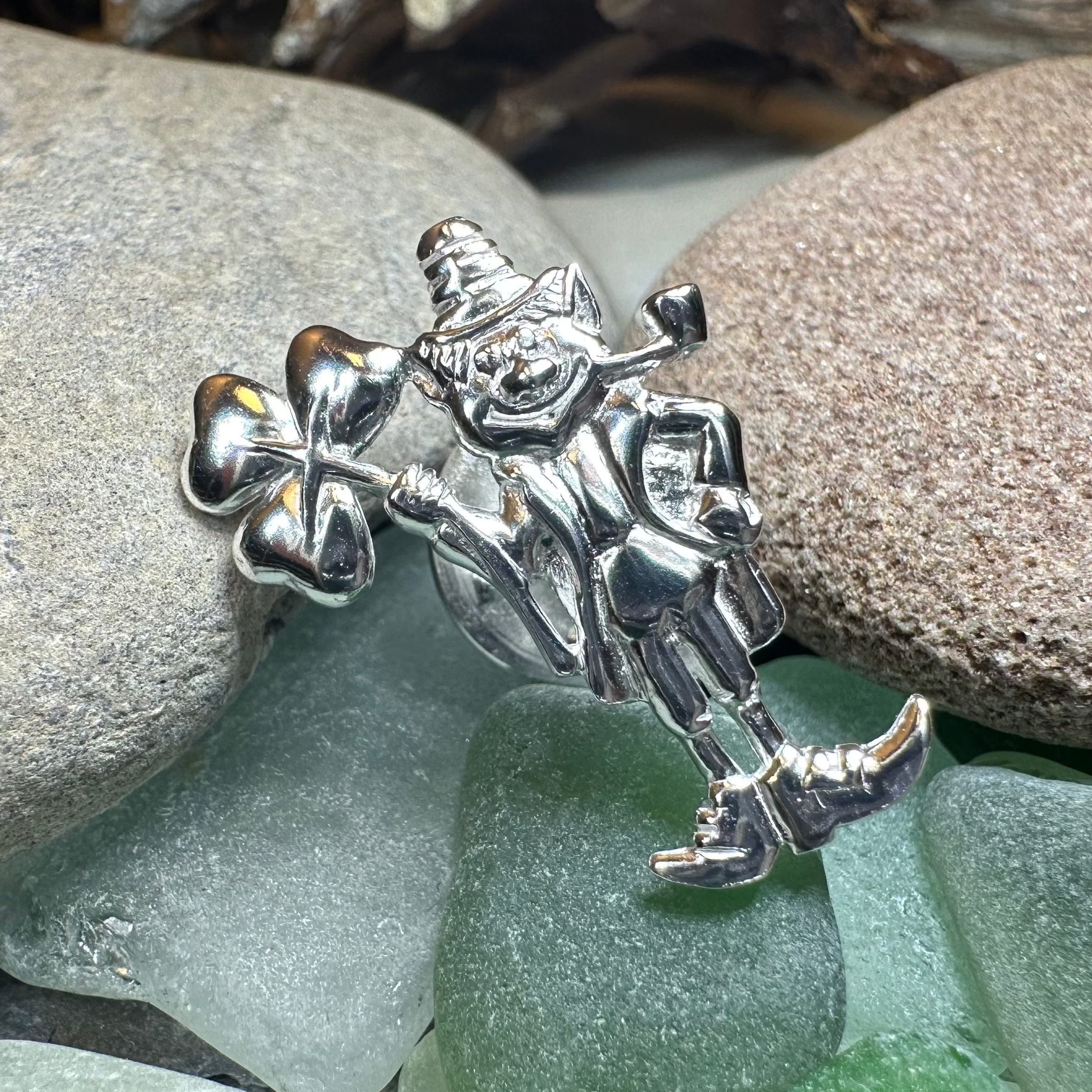 Lucky Leprechaun Shamrock Lapel Pin in Sterling Silver