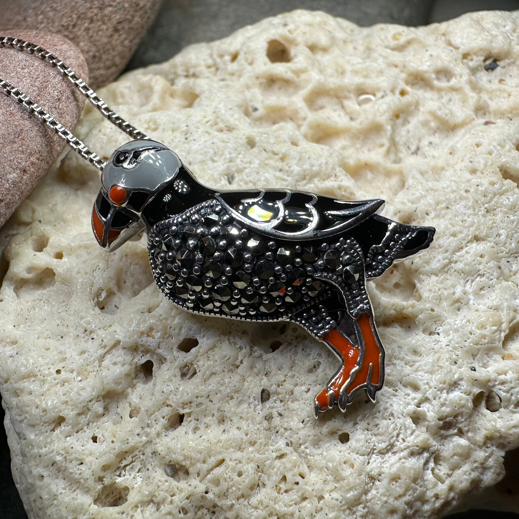 Coastal Puffin Marcasite Brooch in Sterling Silver