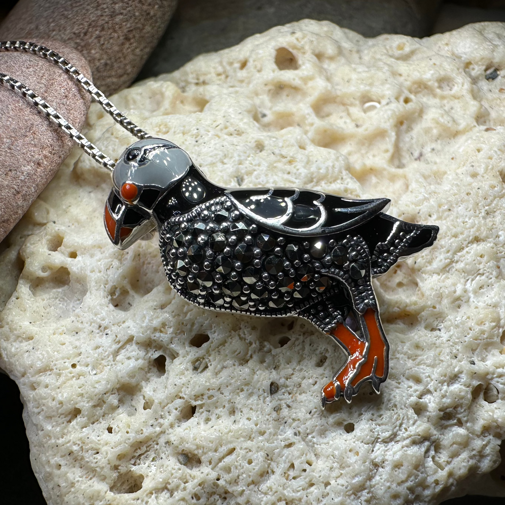 Coastal Puffin Marcasite Brooch in Sterling Silver