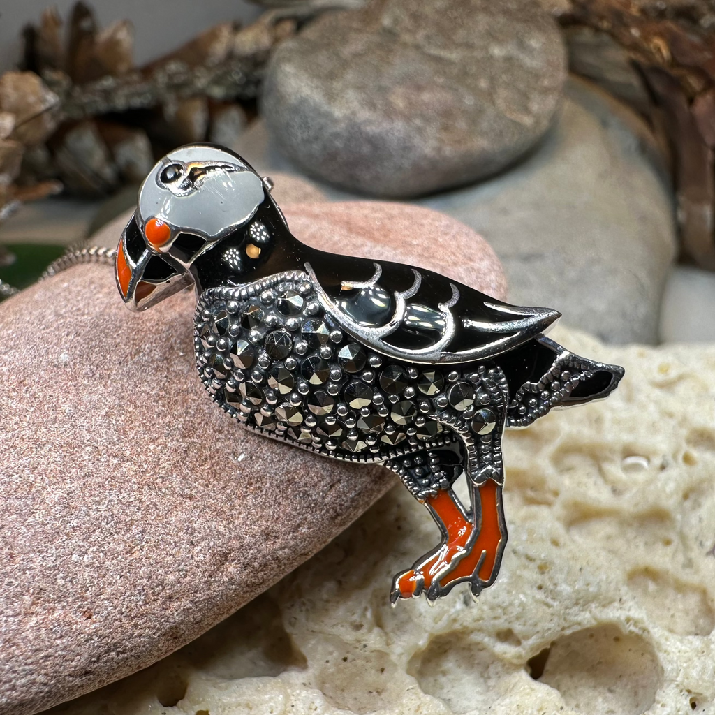 Coastal Puffin Marcasite Brooch in Sterling Silver