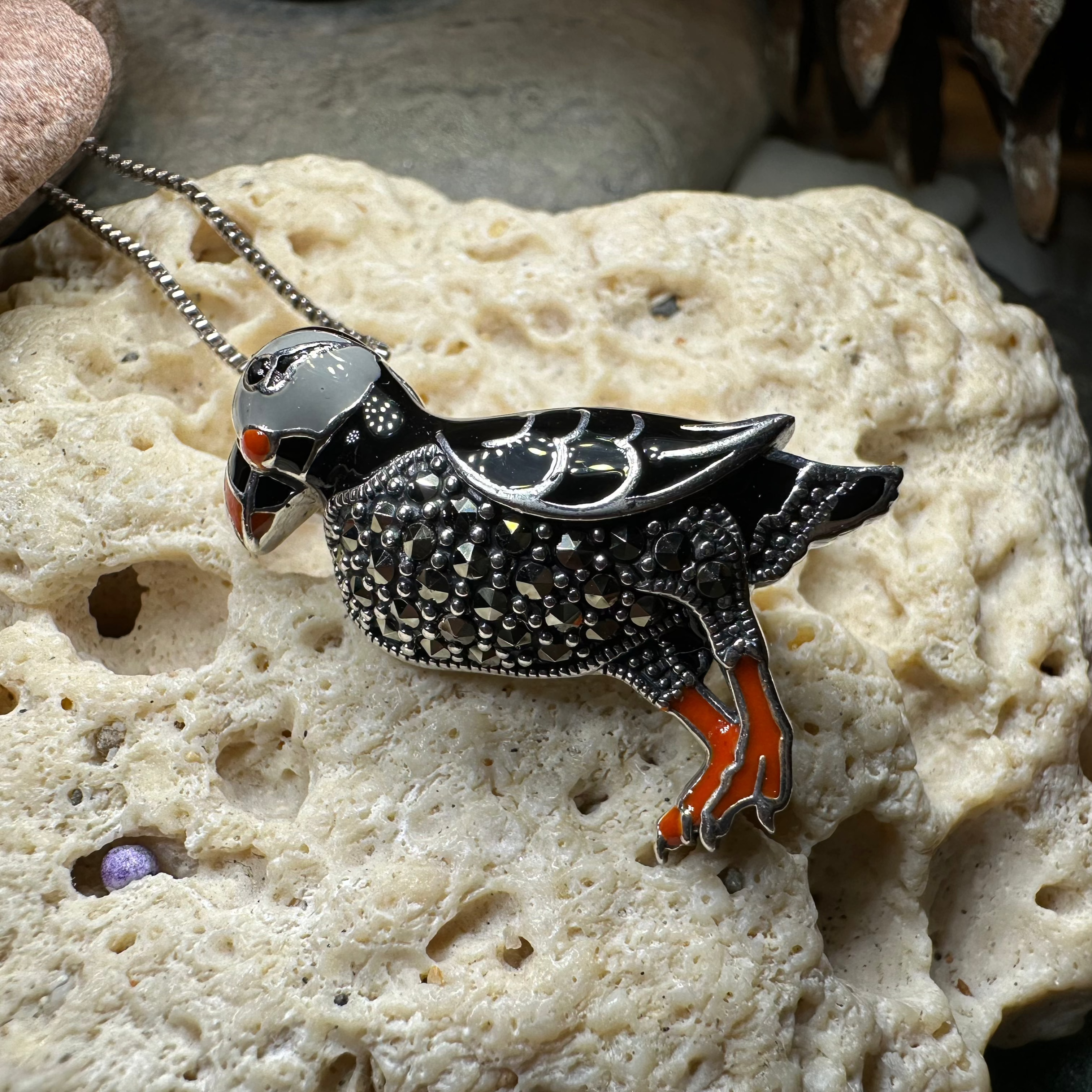 Coastal Puffin Marcasite Brooch in Sterling Silver