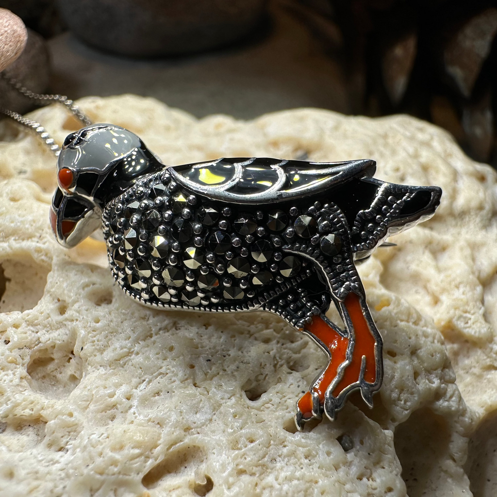 Coastal Puffin Marcasite Brooch in Sterling Silver