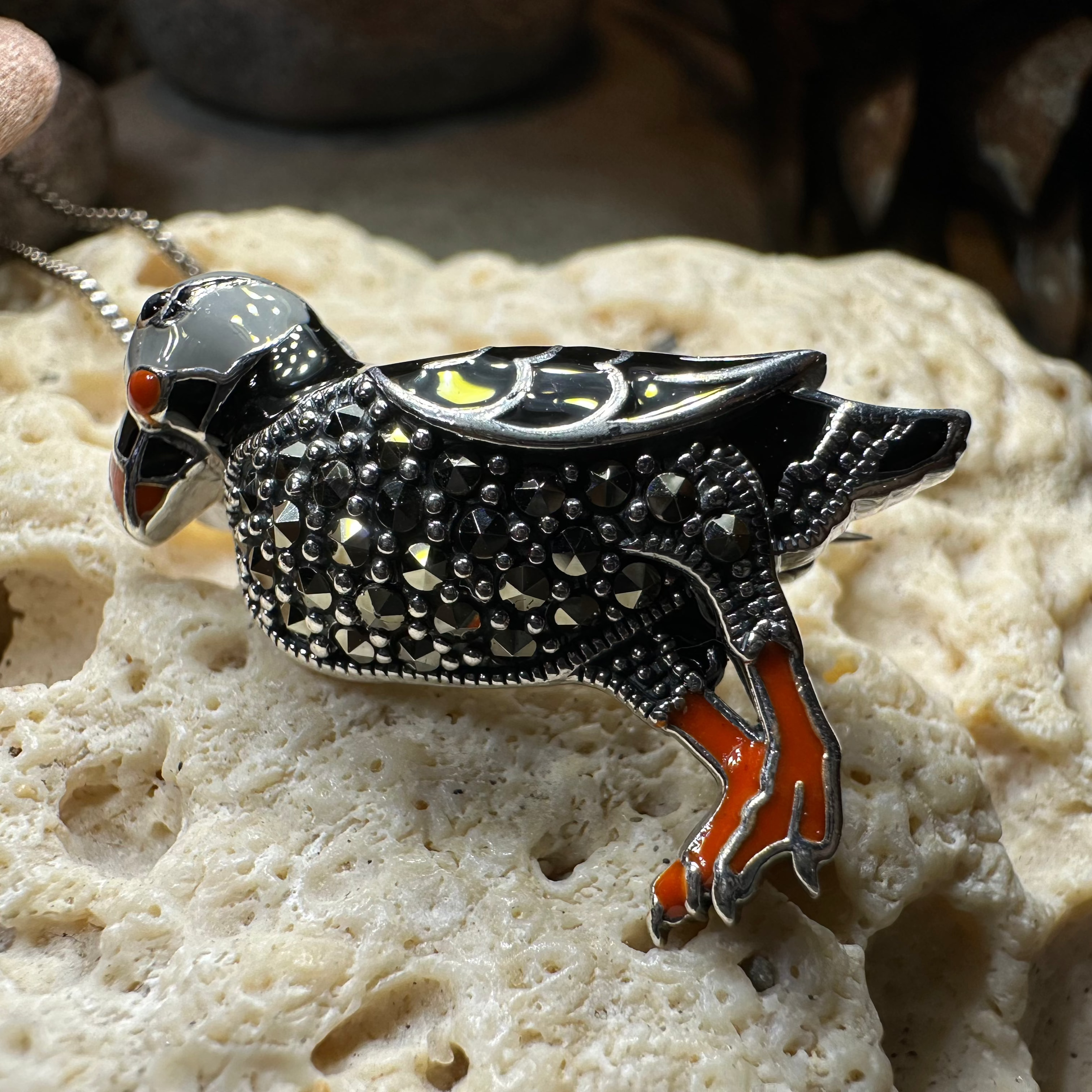 Coastal Puffin Marcasite Brooch in Sterling Silver