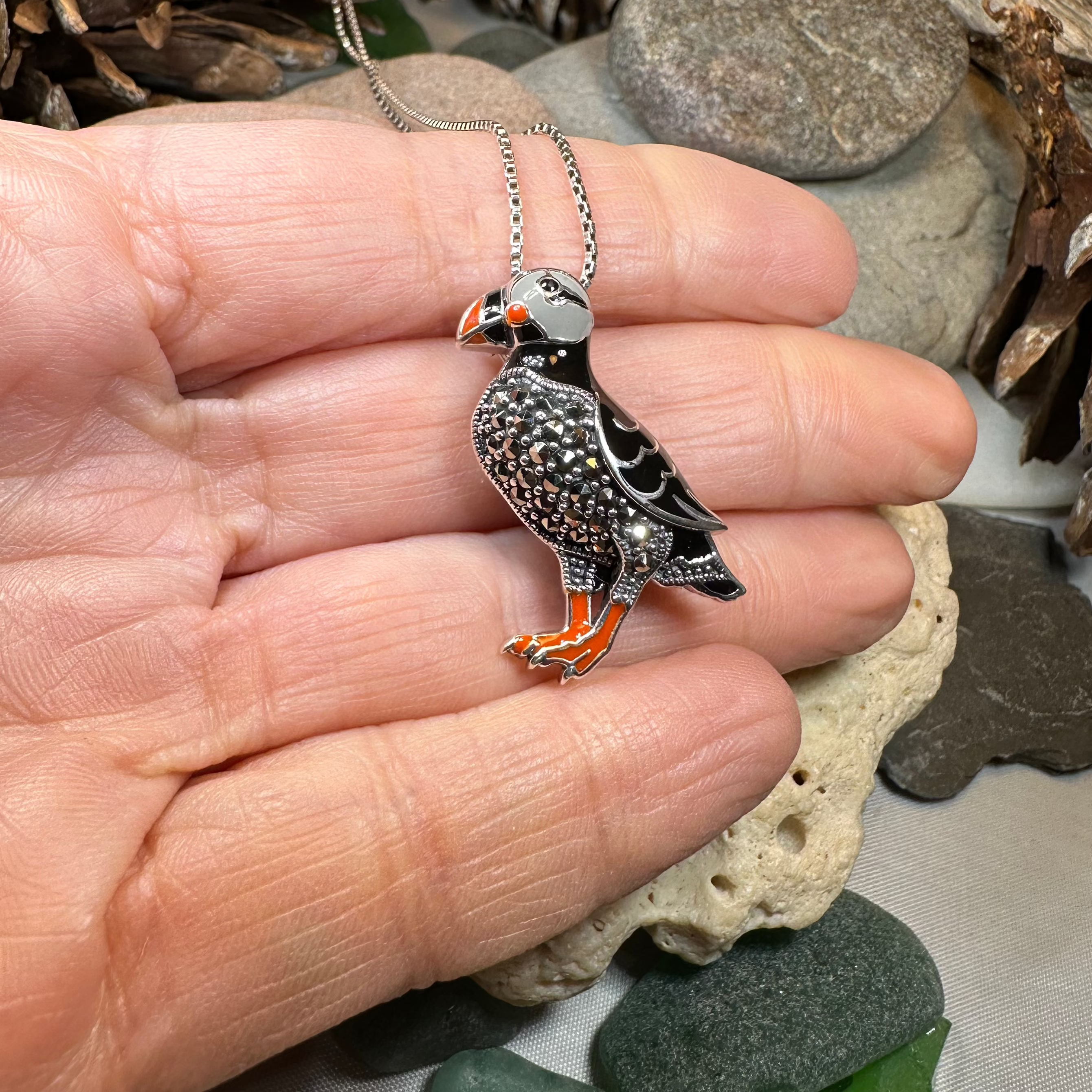 Coastal Puffin Marcasite Brooch in Sterling Silver