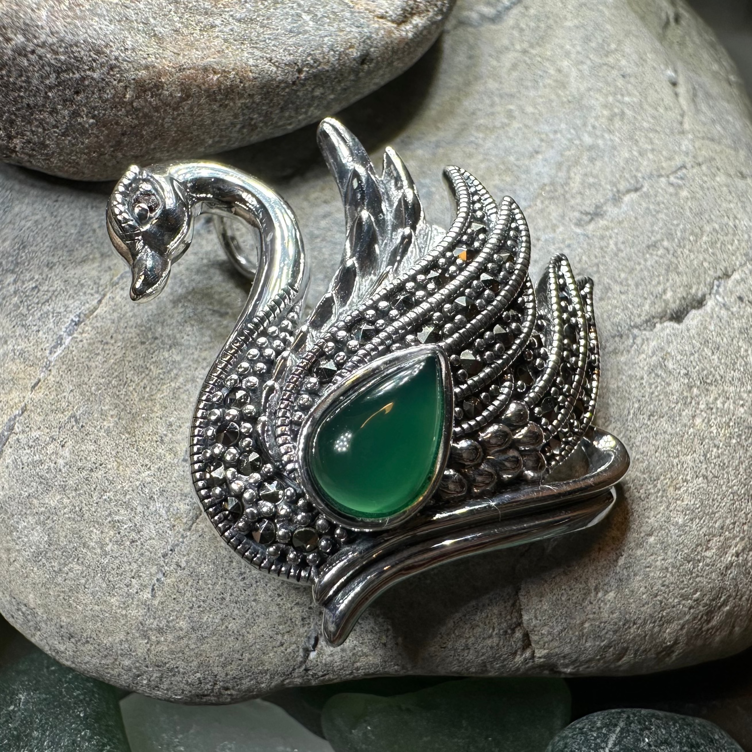 Eala Marcasite Swan Brooch in Sterling Silver